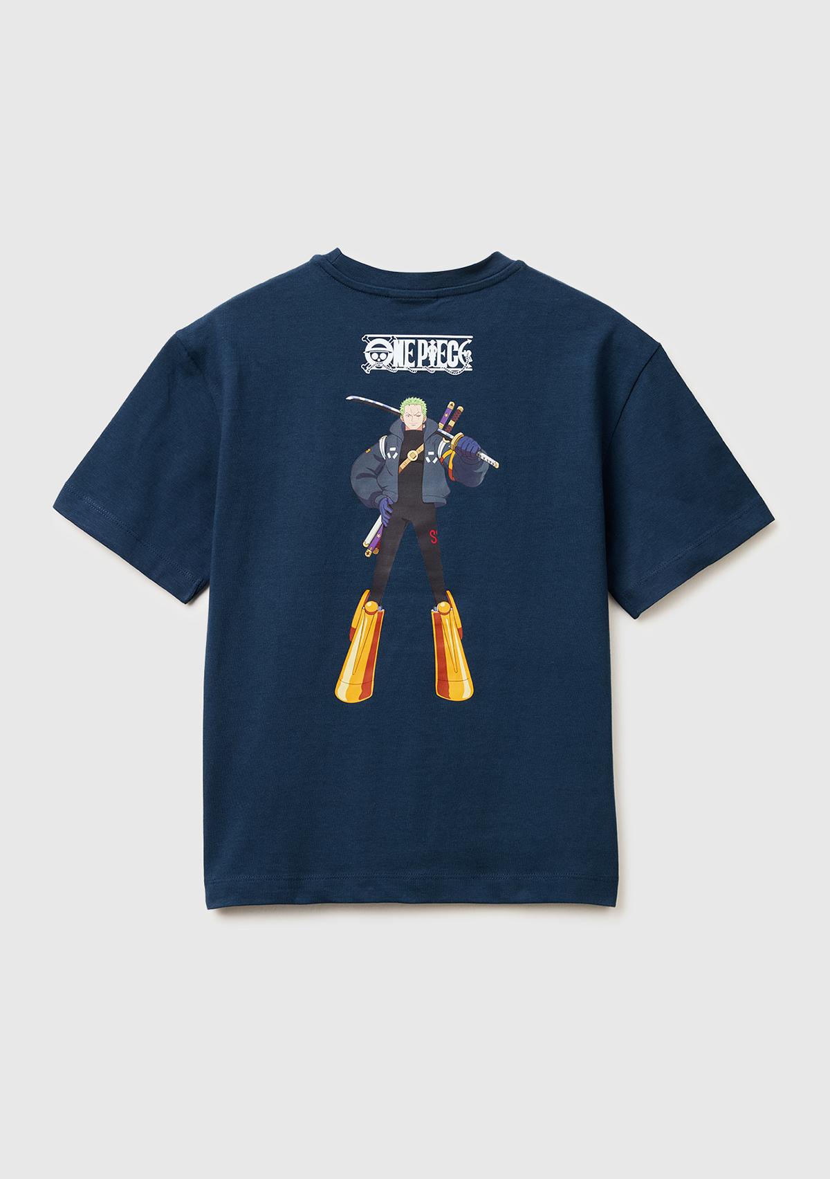 Erkek Çocuk Koyu Lacivert Önü ve Arkası One Piece Baskılı Bisiklet Yaka T-Shirt