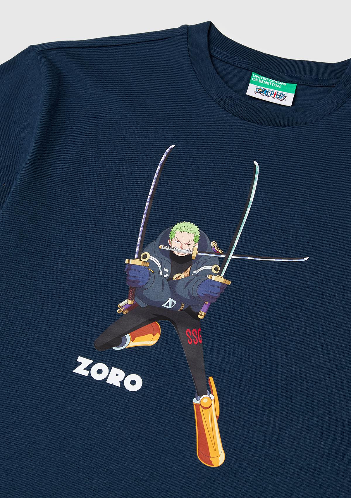 Erkek Çocuk Koyu Lacivert Önü ve Arkası One Piece Baskılı Bisiklet Yaka T-Shirt