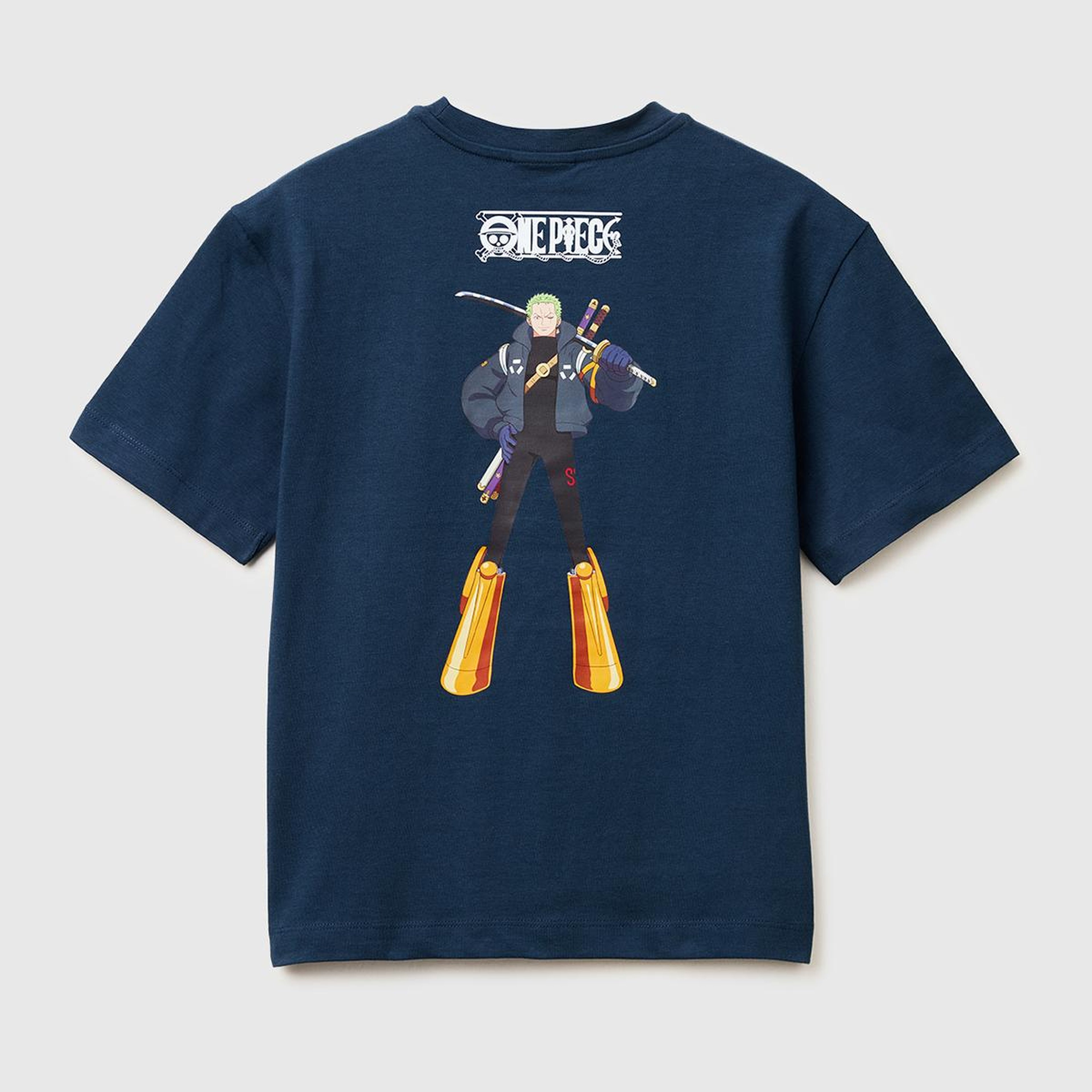 Erkek Çocuk Koyu Lacivert Önü ve Arkası One Piece Baskılı Bisiklet Yaka T-Shirt