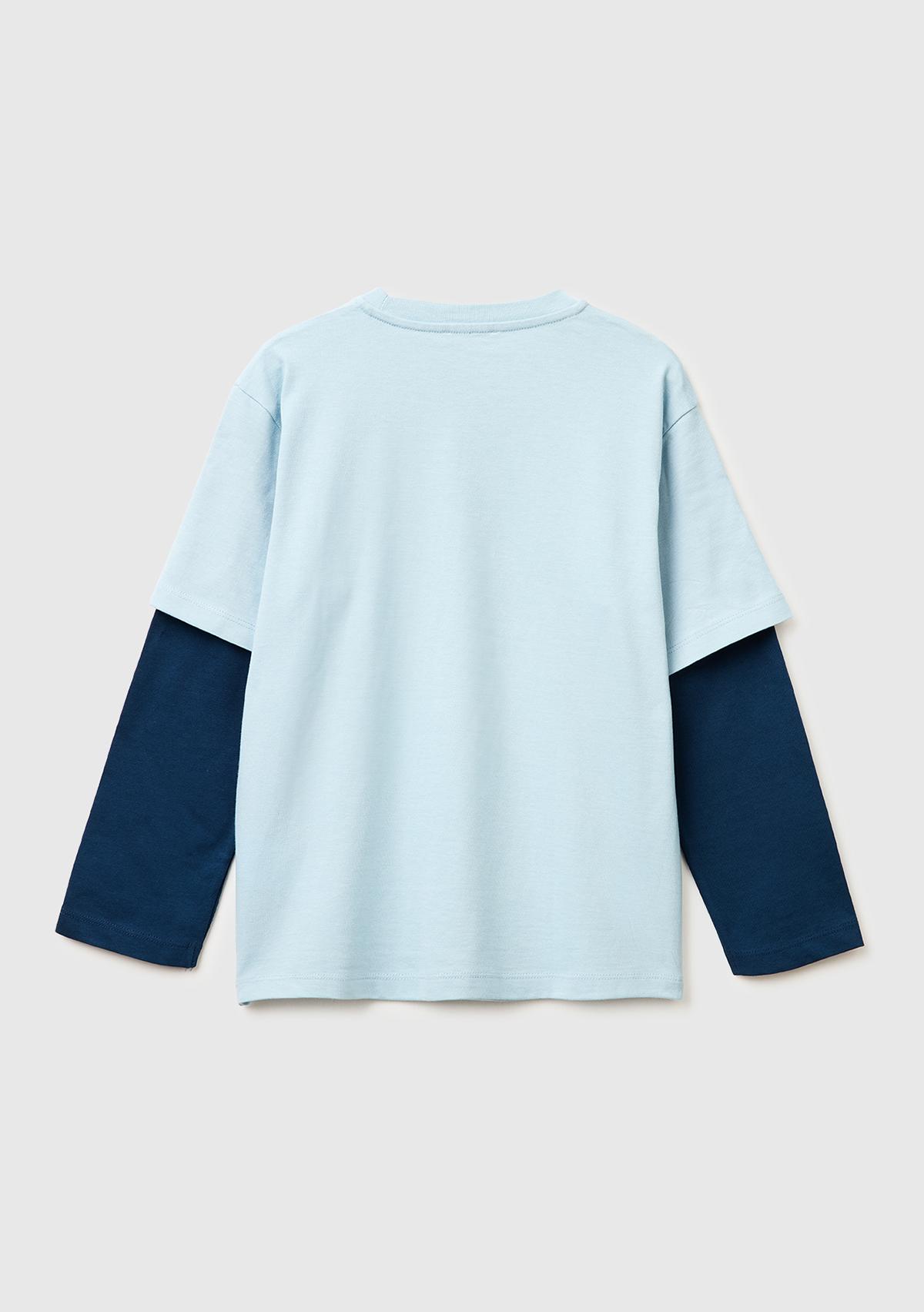 Erkek Çocuk Buz Mavisi Çift Kollu Baskılı Bisiklet Yaka T-Shirt