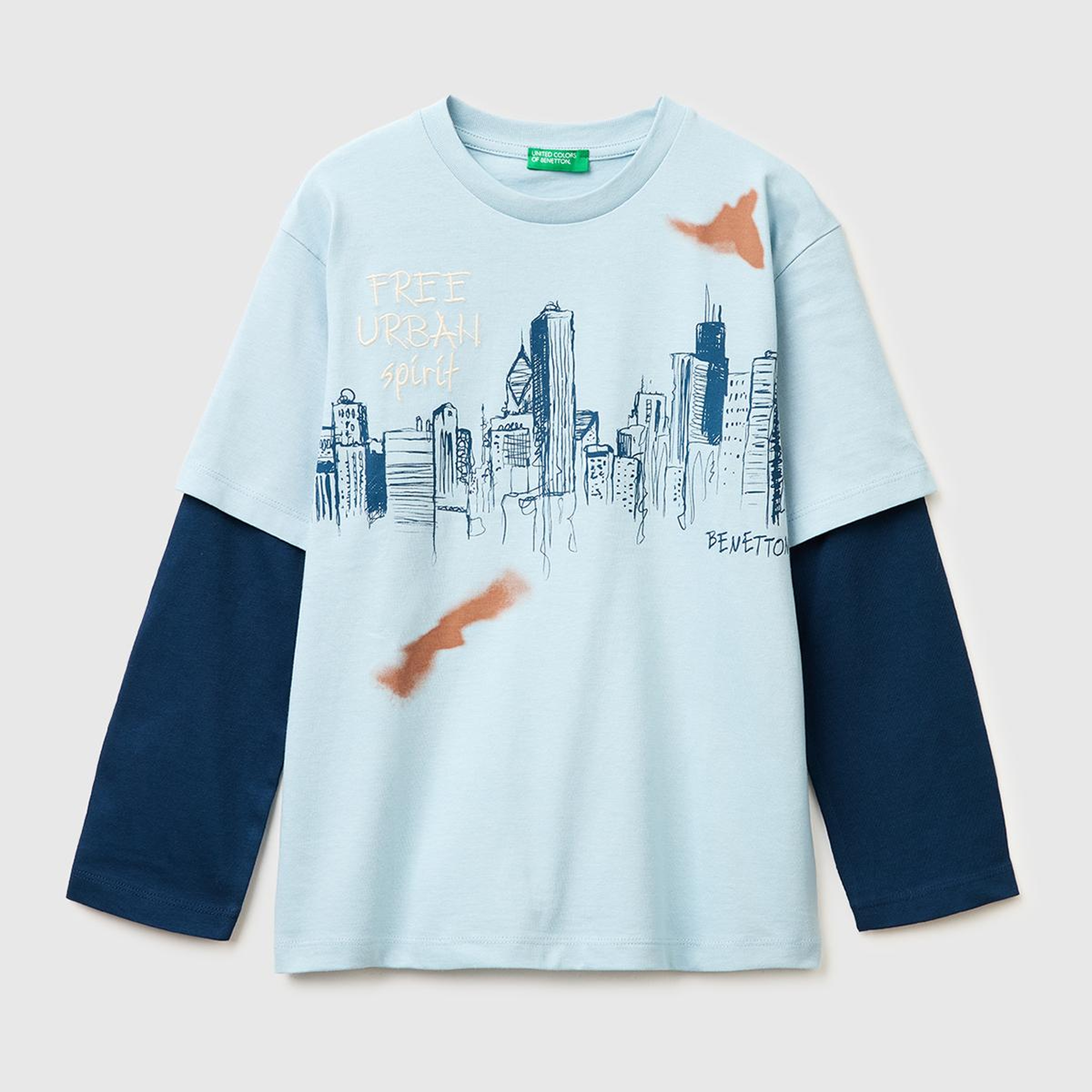 Erkek Çocuk Buz Mavisi Çift Kollu Baskılı Bisiklet Yaka T-Shirt