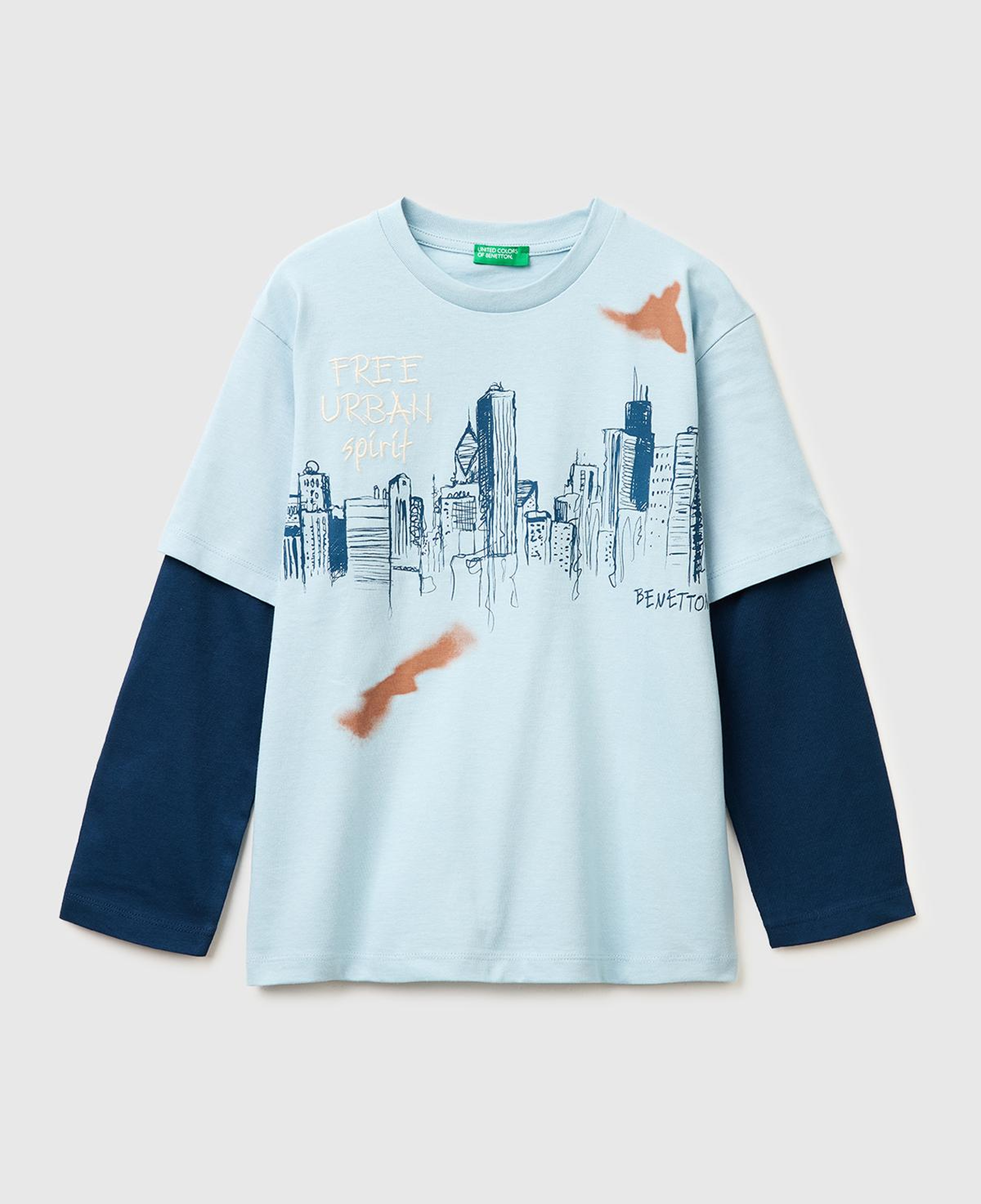 Erkek Çocuk Buz Mavisi Çift Kollu Baskılı Bisiklet Yaka T-Shirt