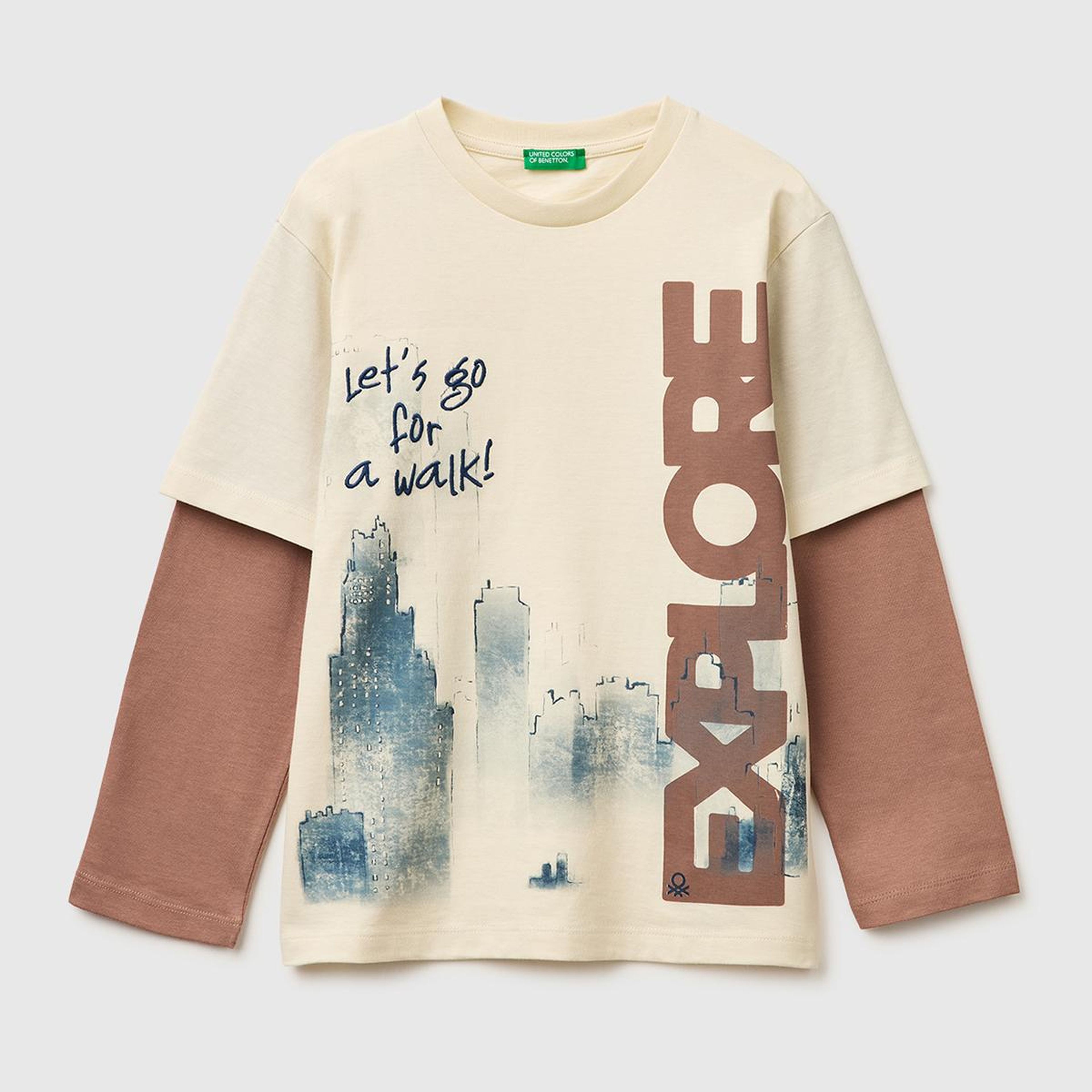 Erkek Çocuk Krem Çift Kollu Baskılı Bisiklet Yaka T-Shirt