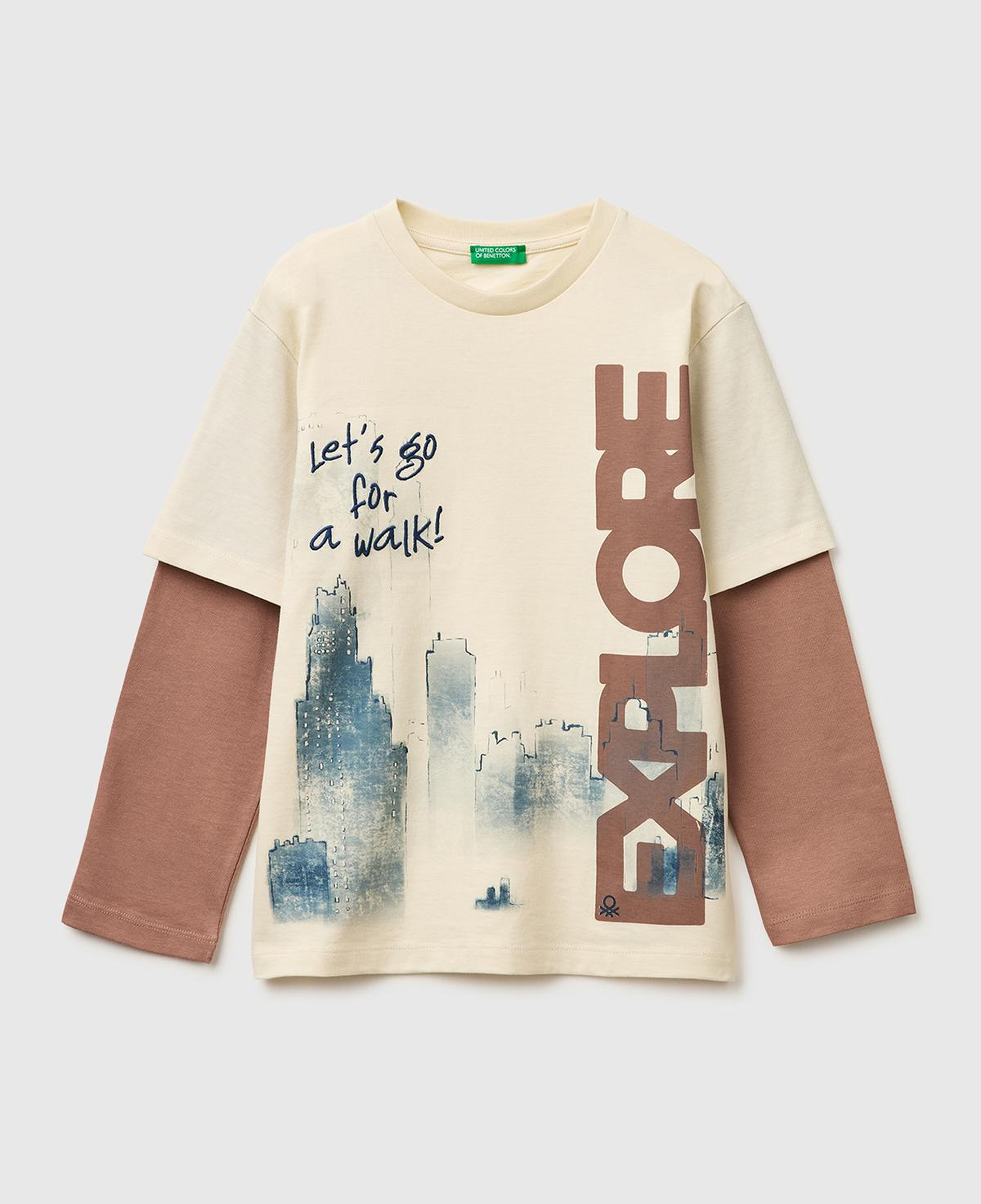 Erkek Çocuk Krem Çift Kollu Baskılı Bisiklet Yaka T-Shirt