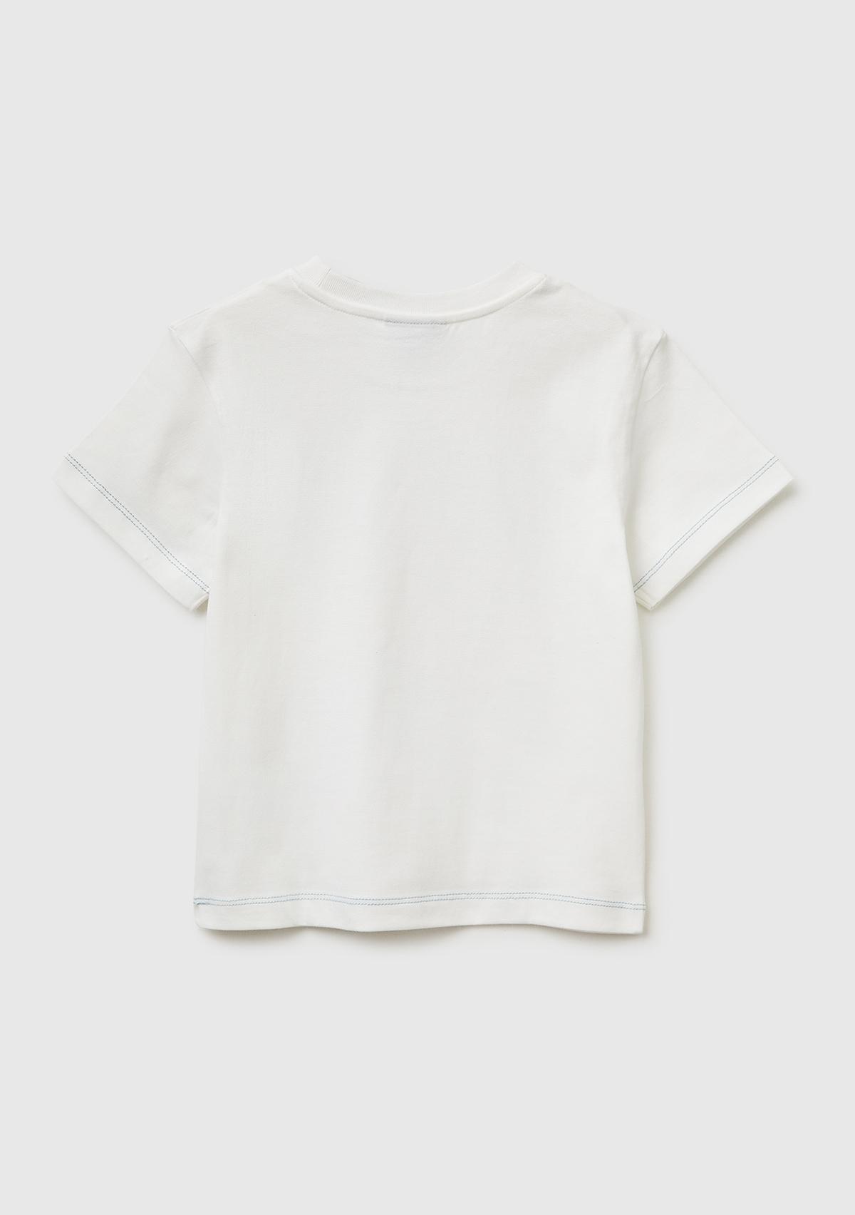Erkek Çocuk Beyaz Çok Renkli Baskılı Etek Ucu Logolu Bisiklat Yaka T-Shirt