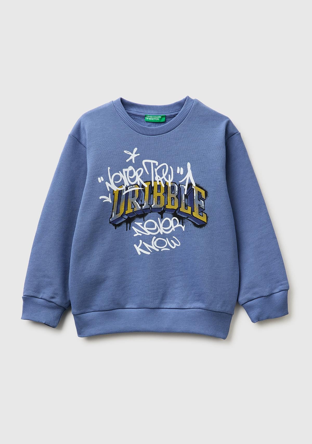 Erkek Çocuk Havacı Mavi Önü Baskılı Rahat Kalıp Bisiklet Yaka Sweatshirt