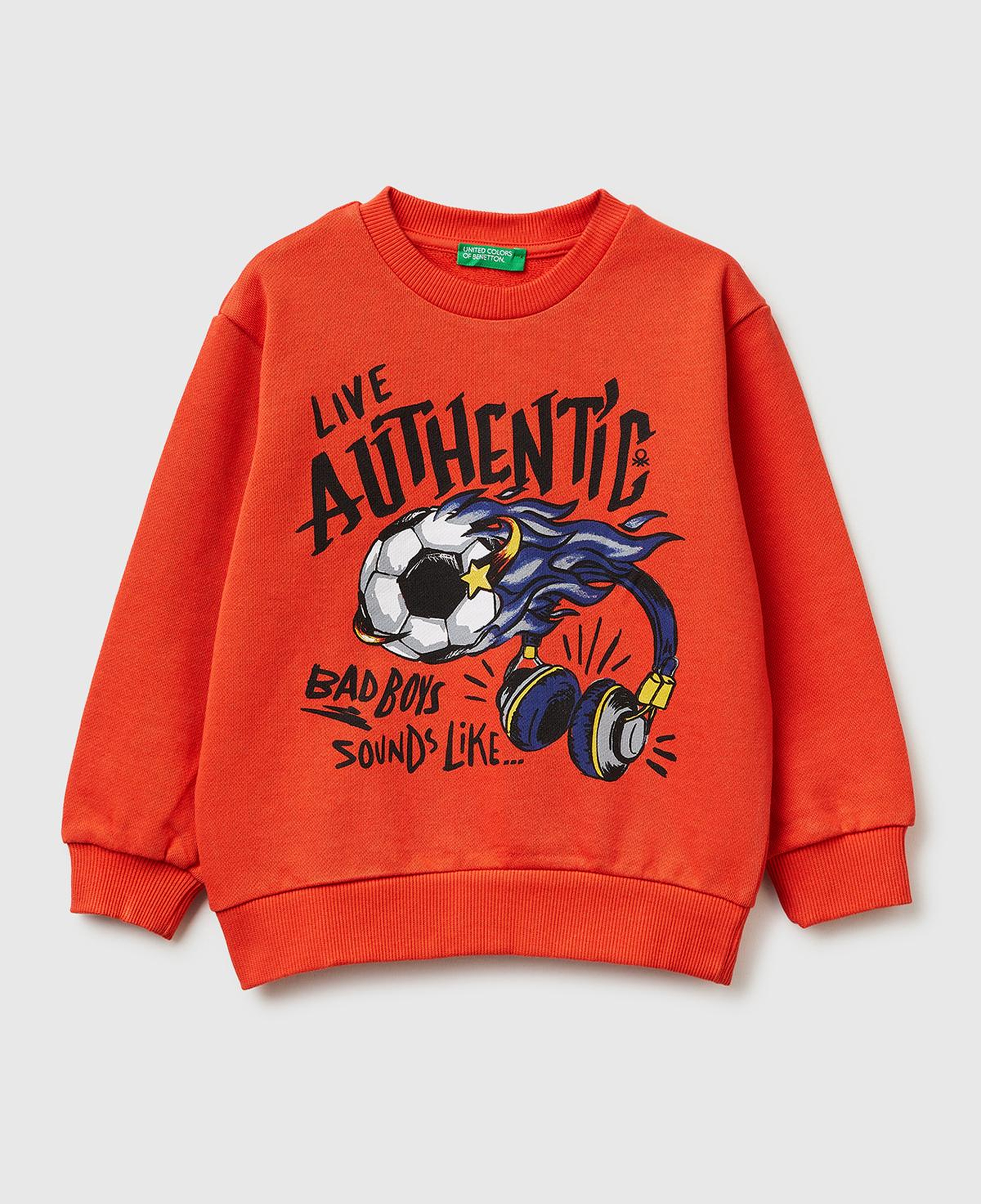 Erkek Çocuk Kırmızı Önü Baskılı Rahat Kalıp Bisiklet Yaka Sweatshirt