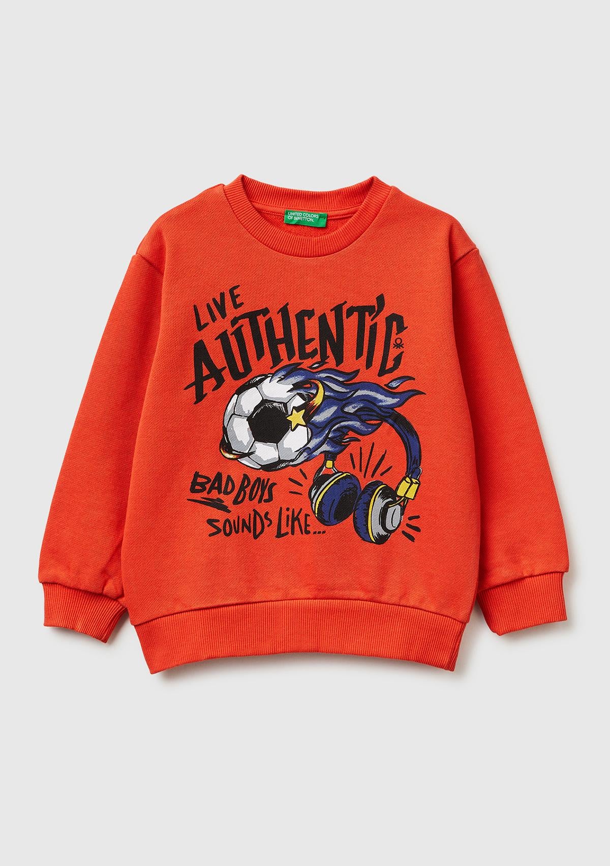 Erkek Çocuk Kırmızı Önü Baskılı Rahat Kalıp Bisiklet Yaka Sweatshirt