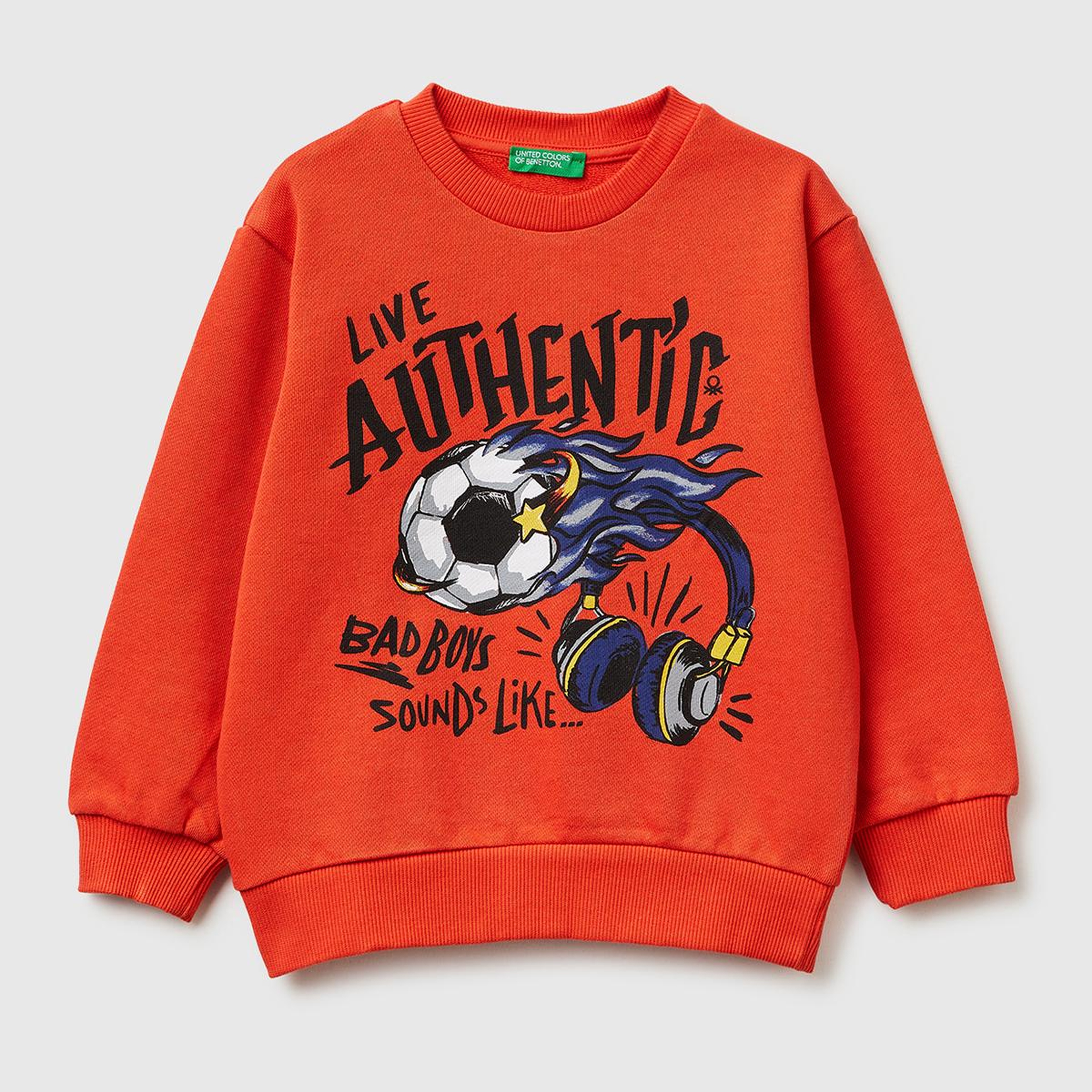 Erkek Çocuk Kırmızı Önü Baskılı Rahat Kalıp Bisiklet Yaka Sweatshirt