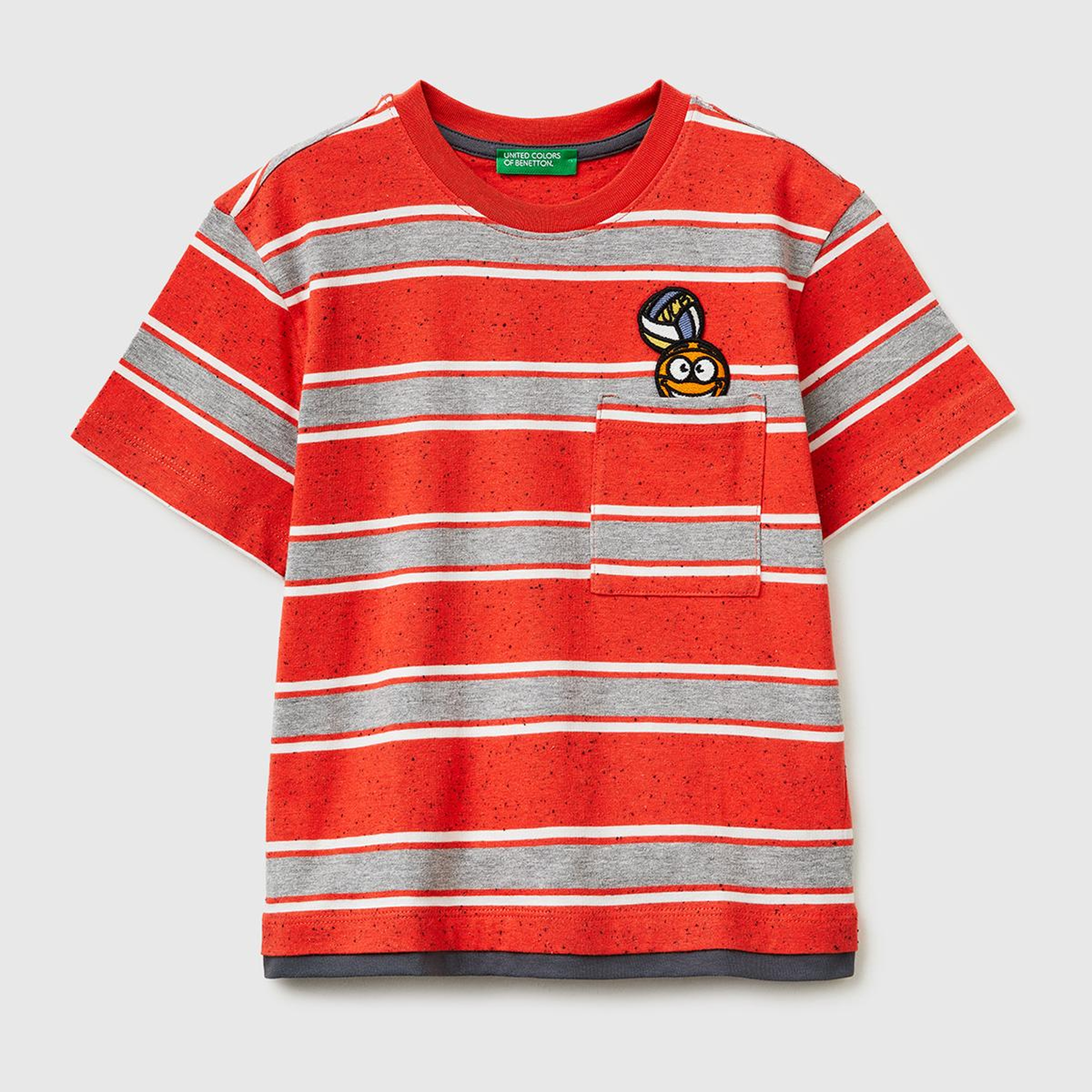 Erkek Çocuk Kırmızı Mix Yama Detaylı Cepli Çizgili Bisiklet Yaka T-Shirt