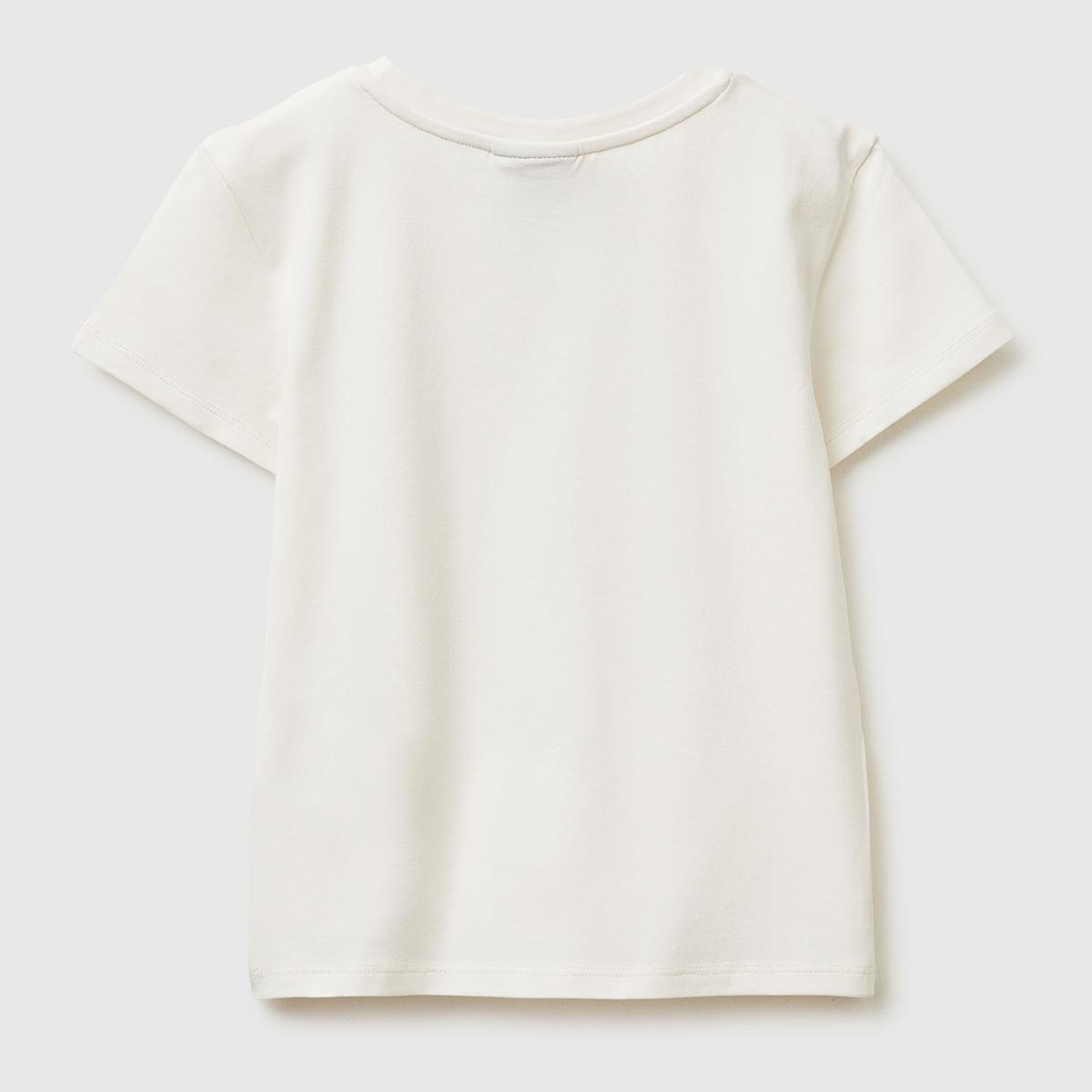 Kız Çocuk Ekru Önü Baskılı Etek Ucu Logolu Bisiklet Yaka T-Shirt