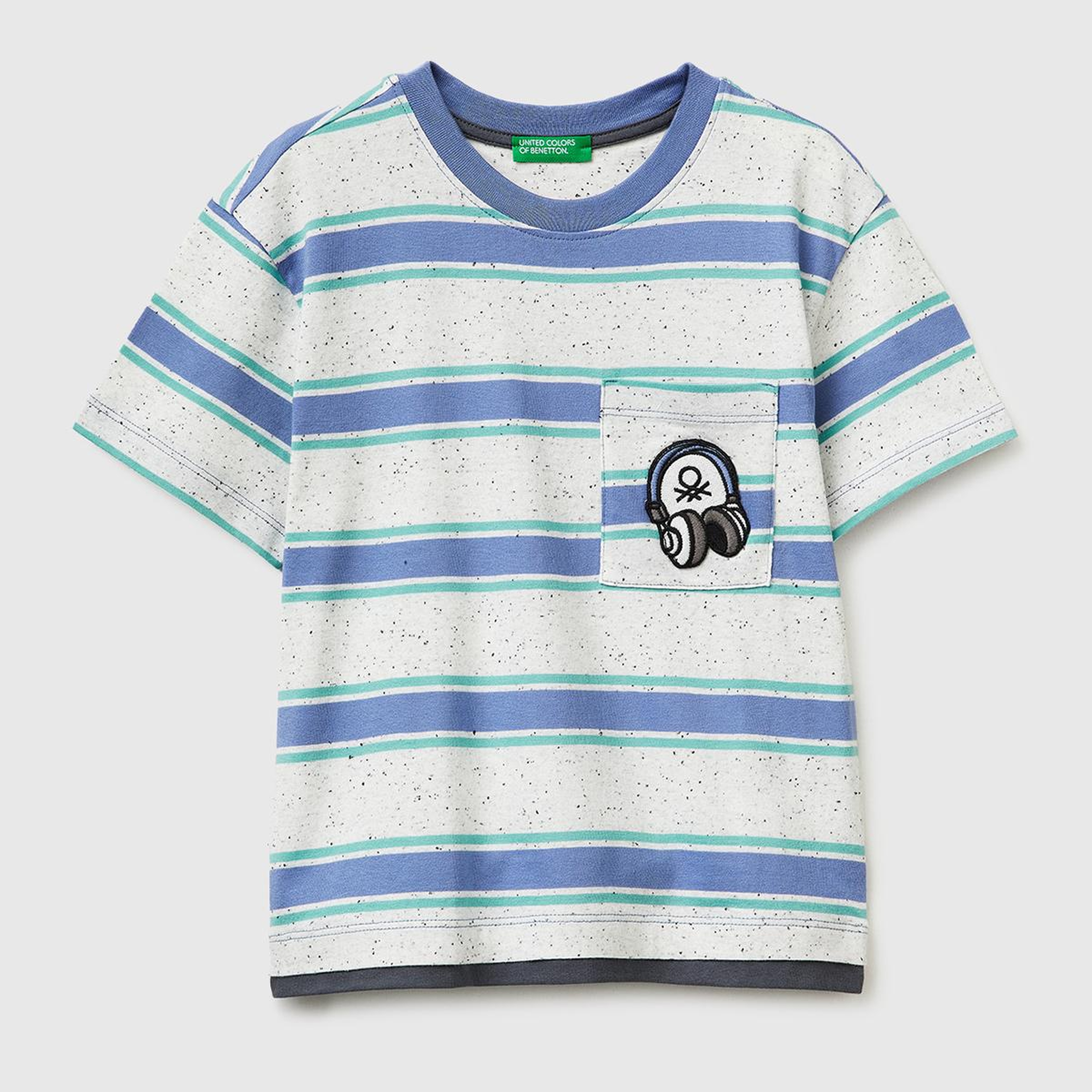 Erkek Çocuk Açık Mavi Mix Yama Detaylı Cepli Çizgili Bisiklet Yaka T-Shirt