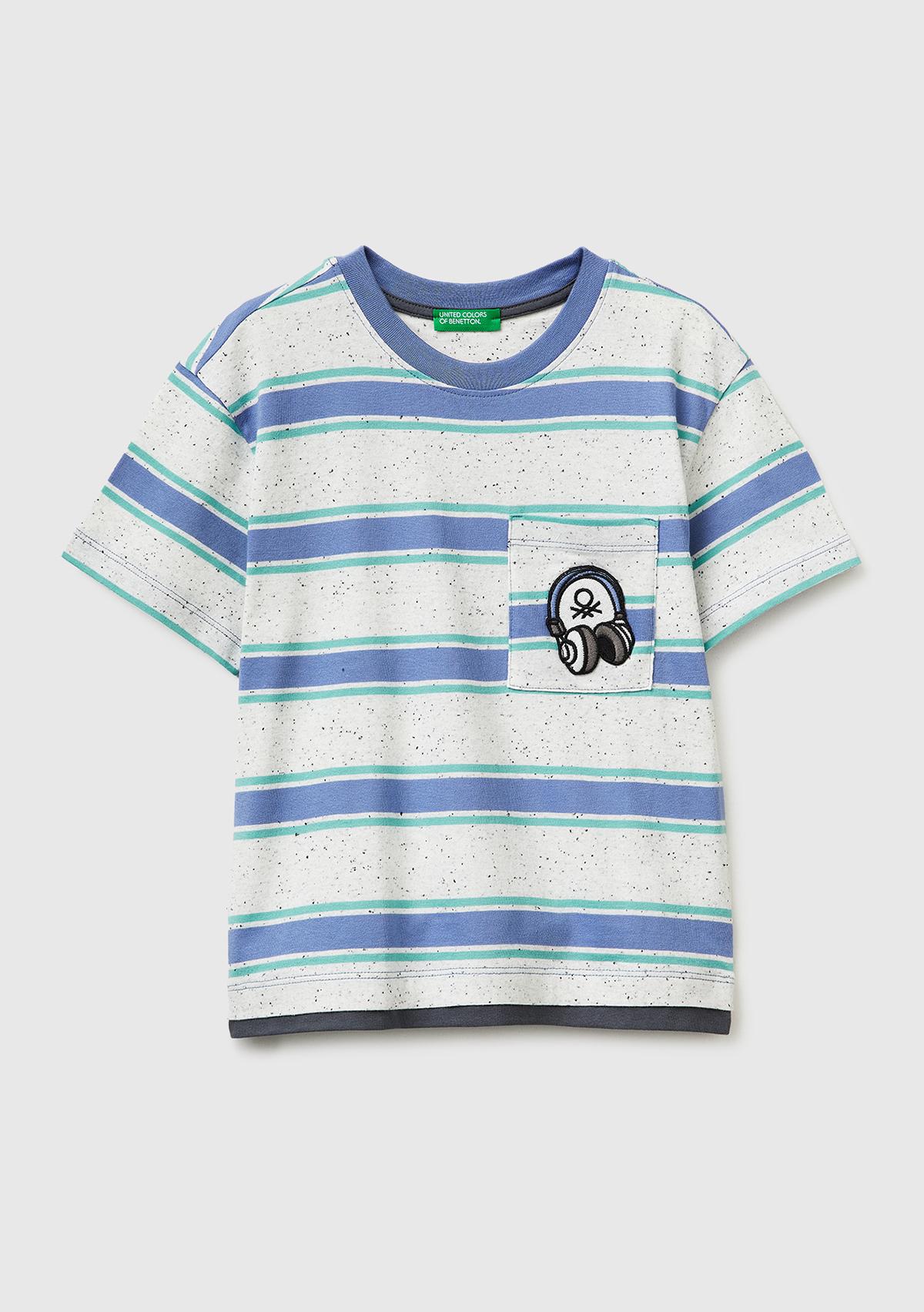 Erkek Çocuk Açık Mavi Mix Yama Detaylı Cepli Çizgili Bisiklet Yaka T-Shirt