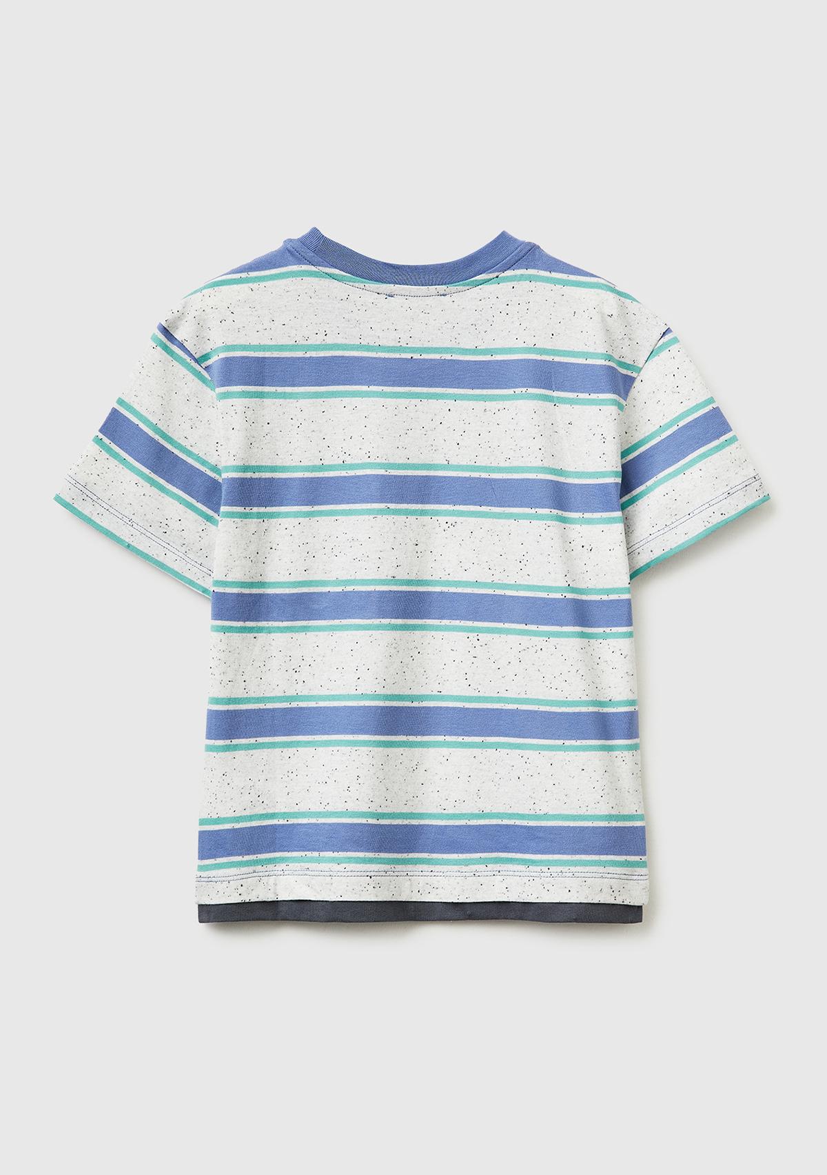 Erkek Çocuk Açık Mavi Mix Yama Detaylı Cepli Çizgili Bisiklet Yaka T-Shirt