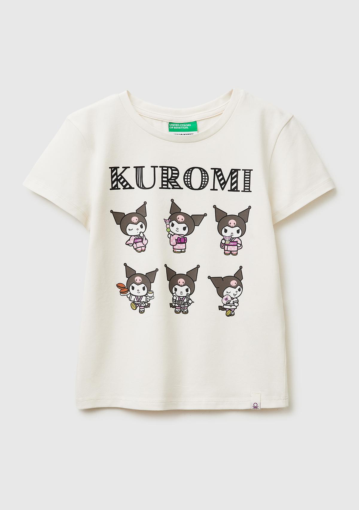 Kız Çocuk Ekru Önü Baskılı Etek Ucu Logolu Bisiklet Yaka T-Shirt