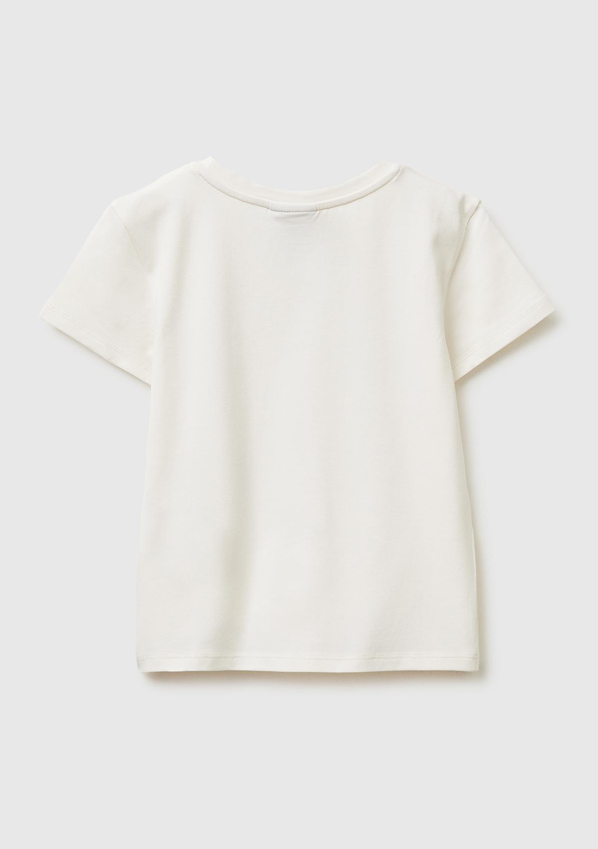 Kız Çocuk Ekru Önü Baskılı Etek Ucu Logolu Bisiklet Yaka T-Shirt