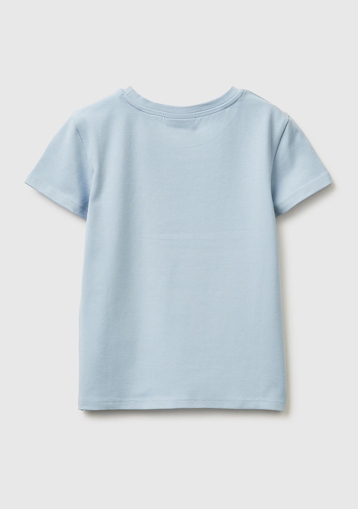 Kız Çocuk Buz Mavisi Önü Baskılı Etek Ucu Logolu Bisiklet Yaka T-Shirt