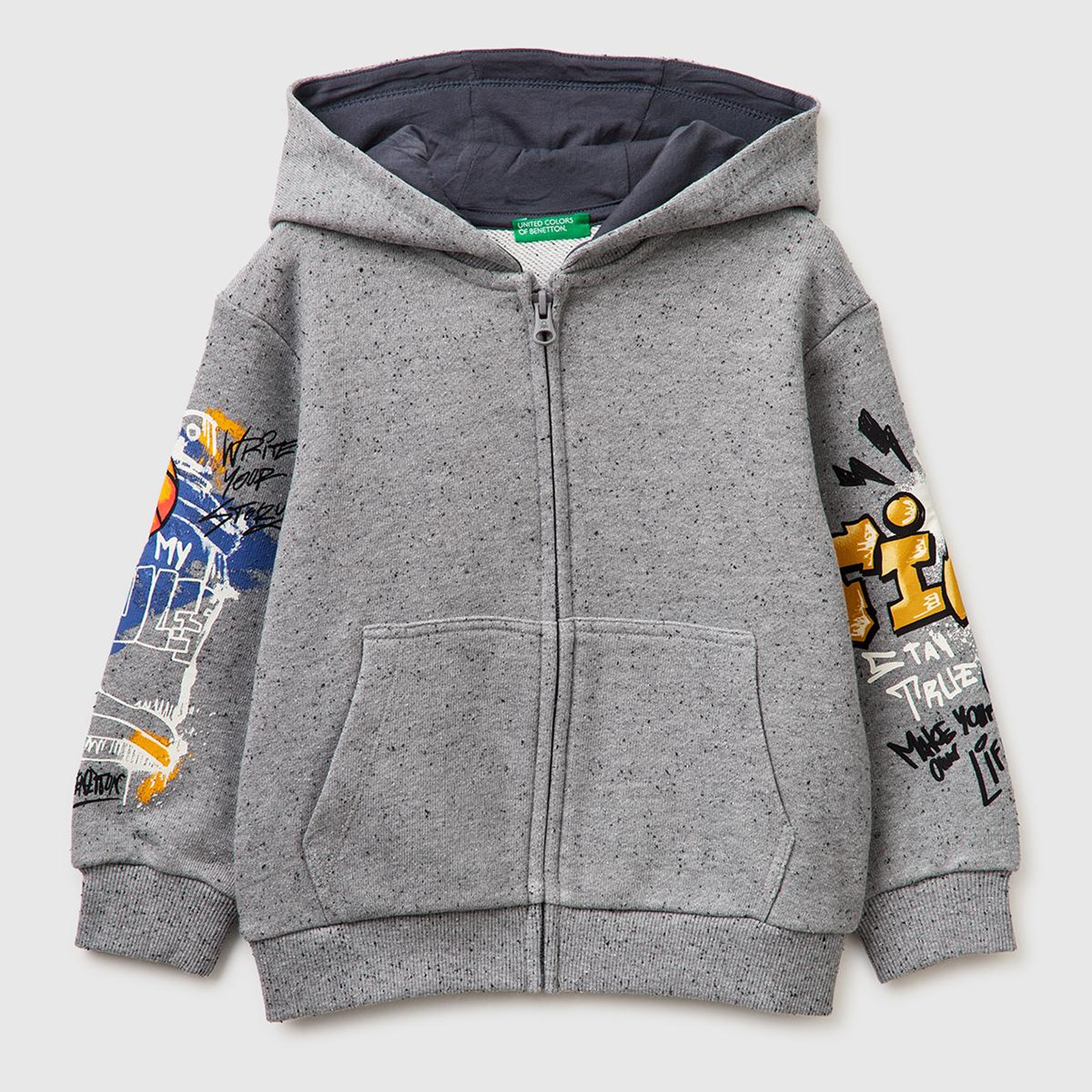 Erkek Çocuk Gri Mix Fermuarlı Kol Baskılı Kapüşonlu Sweatshirt