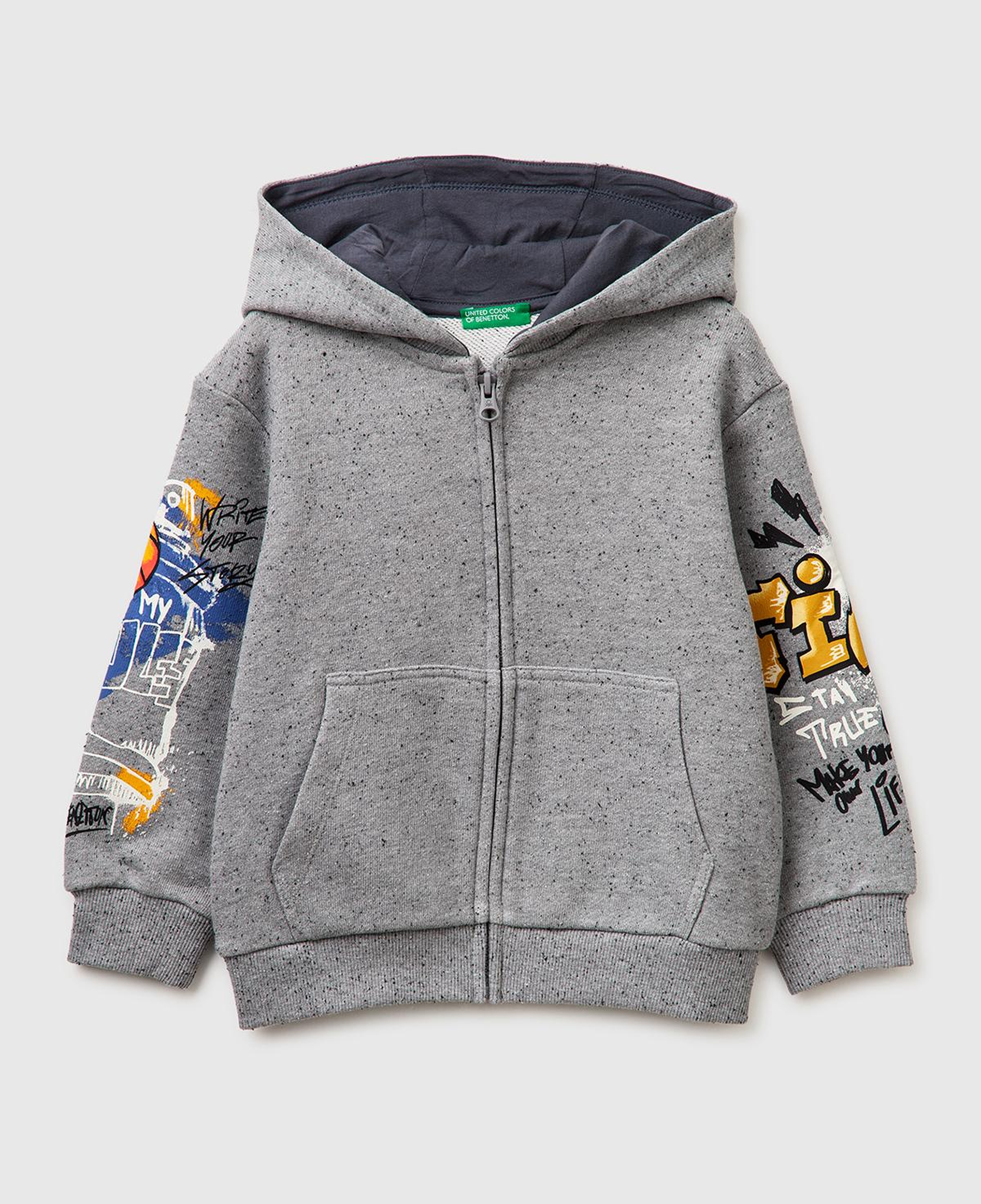 Erkek Çocuk Gri Mix Fermuarlı Kol Baskılı Kapüşonlu Sweatshirt
