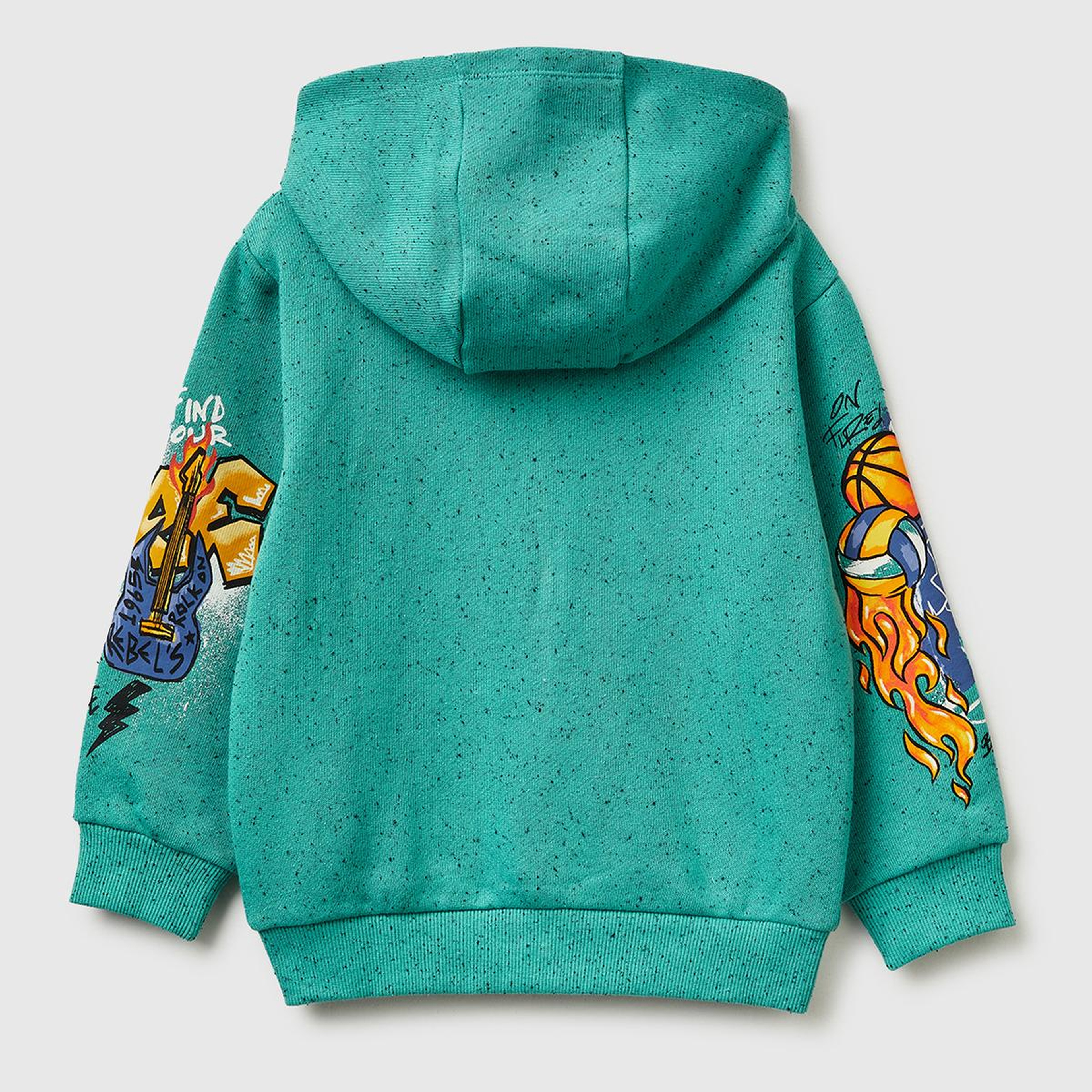 Erkek Çocuk Yeşil Fermuarlı Kol Baskılı Kapüşonlu Sweatshirt