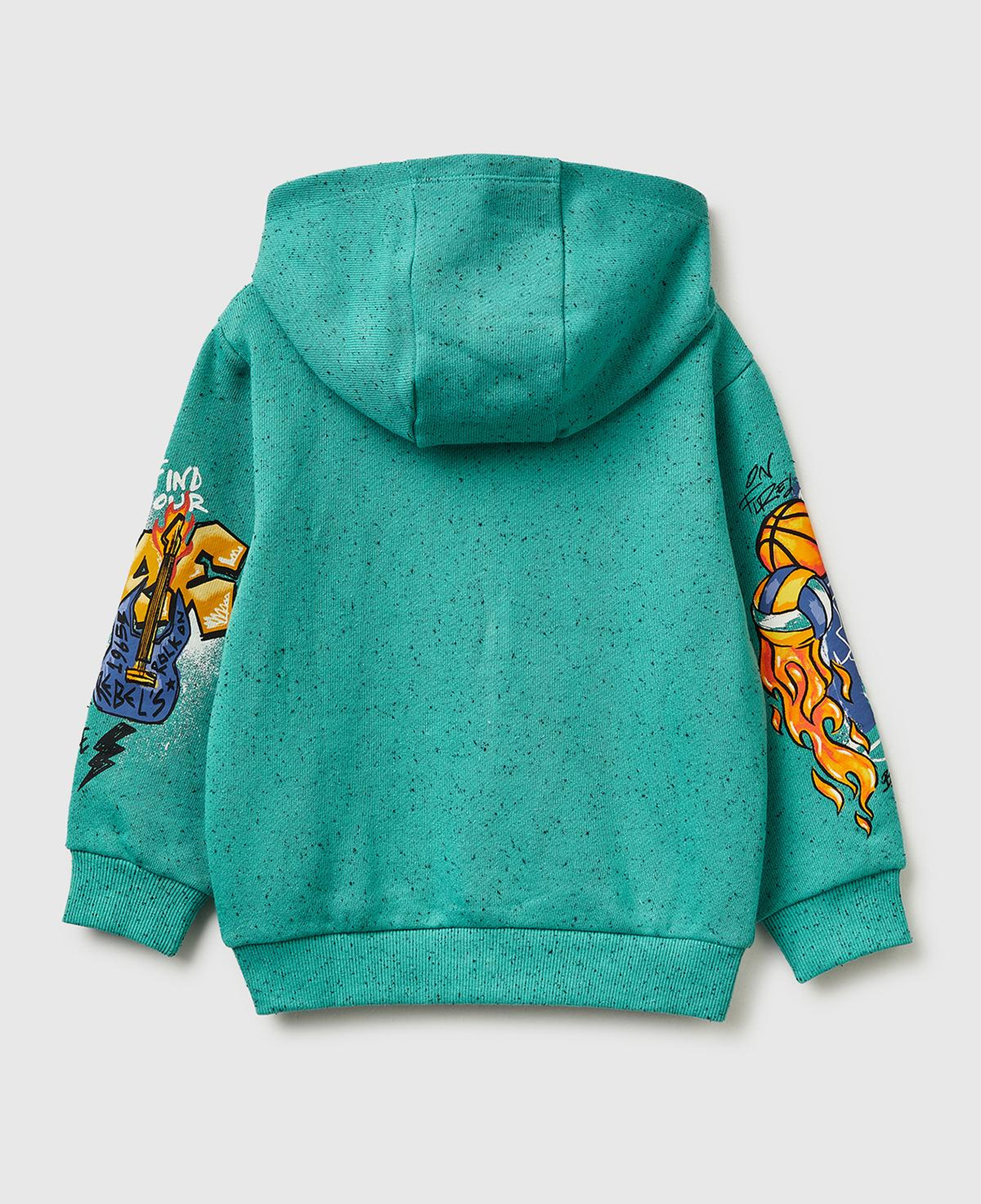 Erkek Çocuk Yeşil Fermuarlı Kol Baskılı Kapüşonlu Sweatshirt