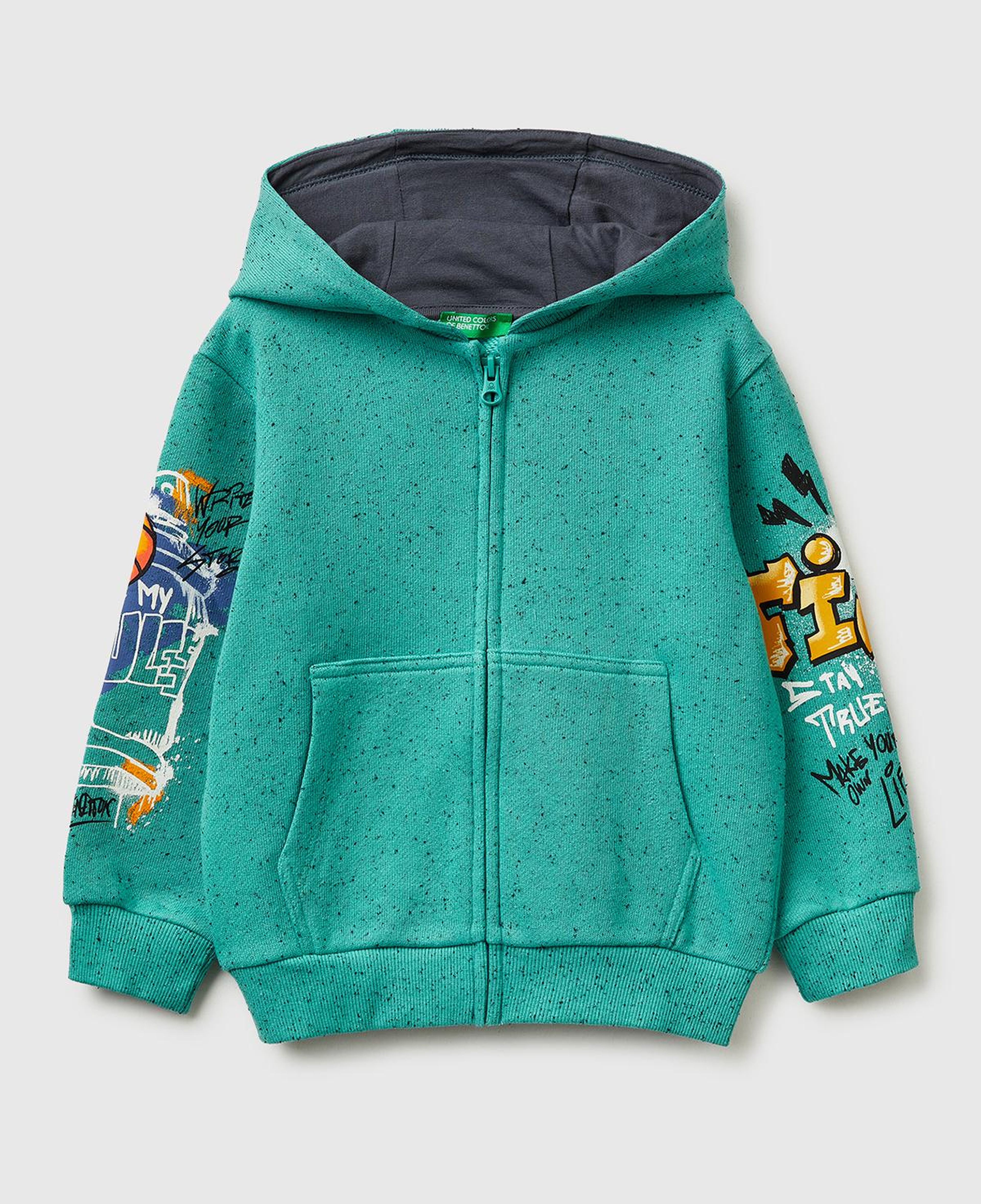 Erkek Çocuk Yeşil Fermuarlı Kol Baskılı Kapüşonlu Sweatshirt