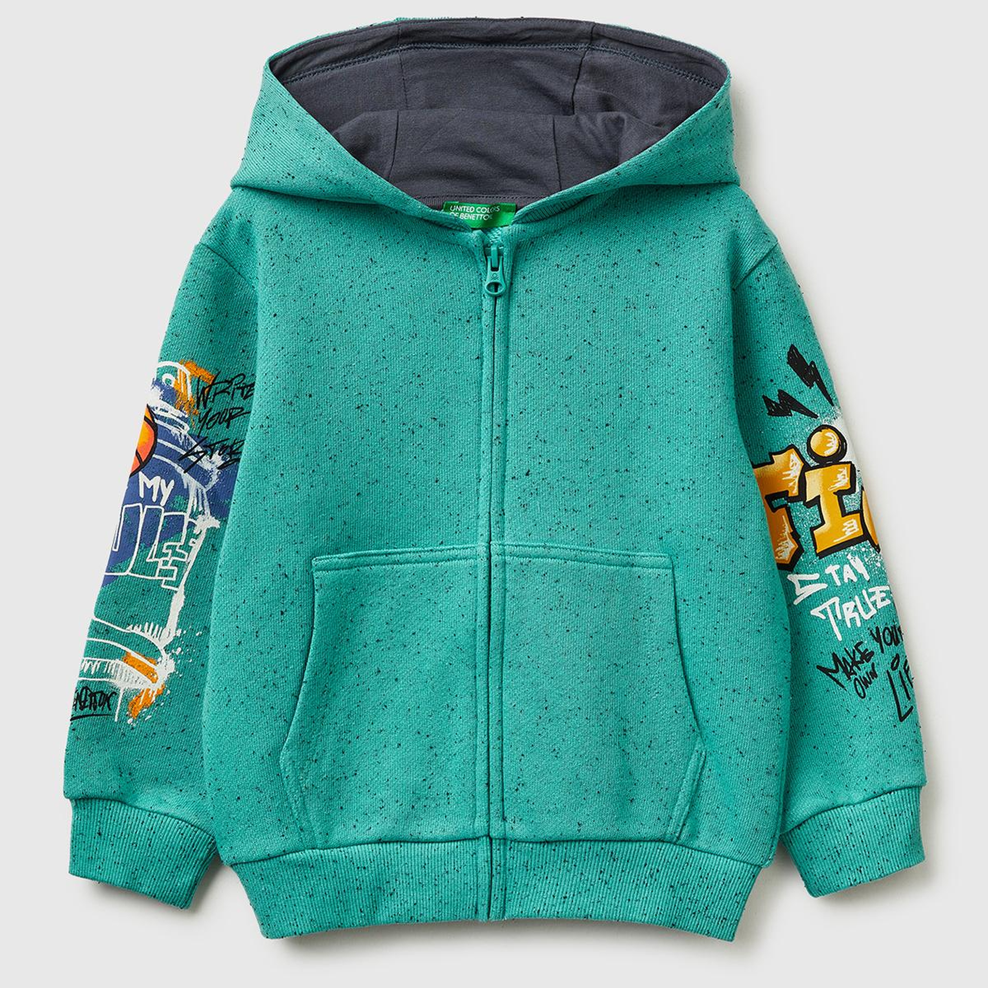 Erkek Çocuk Yeşil Fermuarlı Kol Baskılı Kapüşonlu Sweatshirt