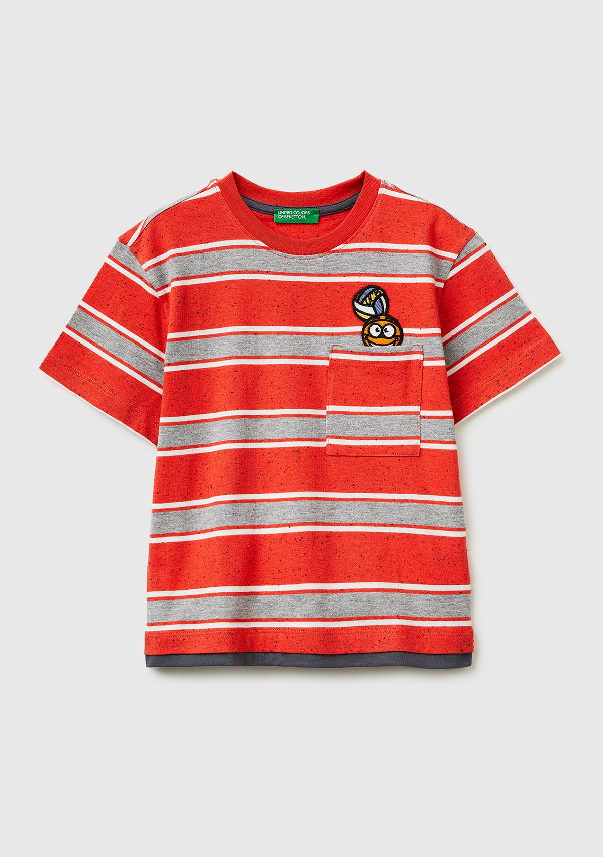 Erkek Çocuk Kırmızı Mix Yama Detaylı Cepli Çizgili Bisiklet Yaka T-Shirt