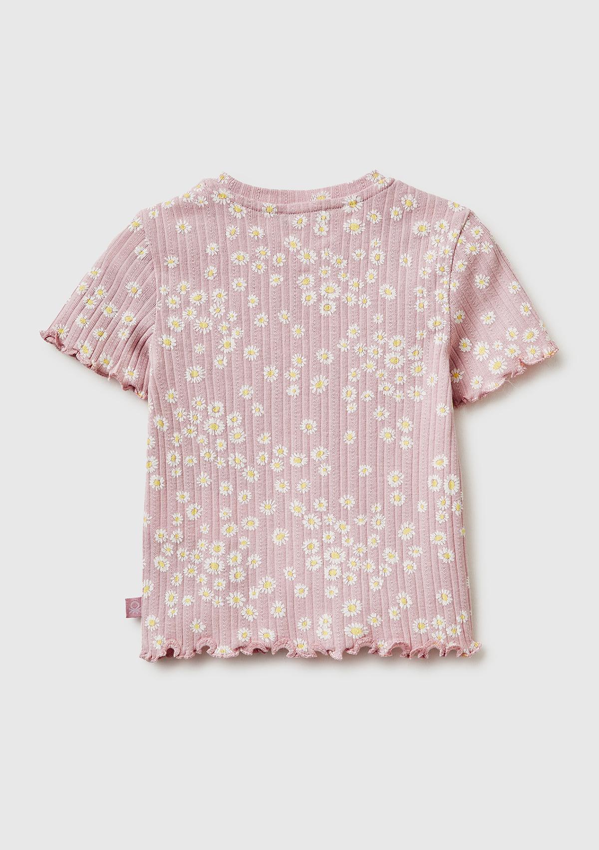 Kız Çocuk Gül Kurusu Logolu Baskılı Fırfır Detaylı Ribanalı Bisiklet Yaka T-Shirt
