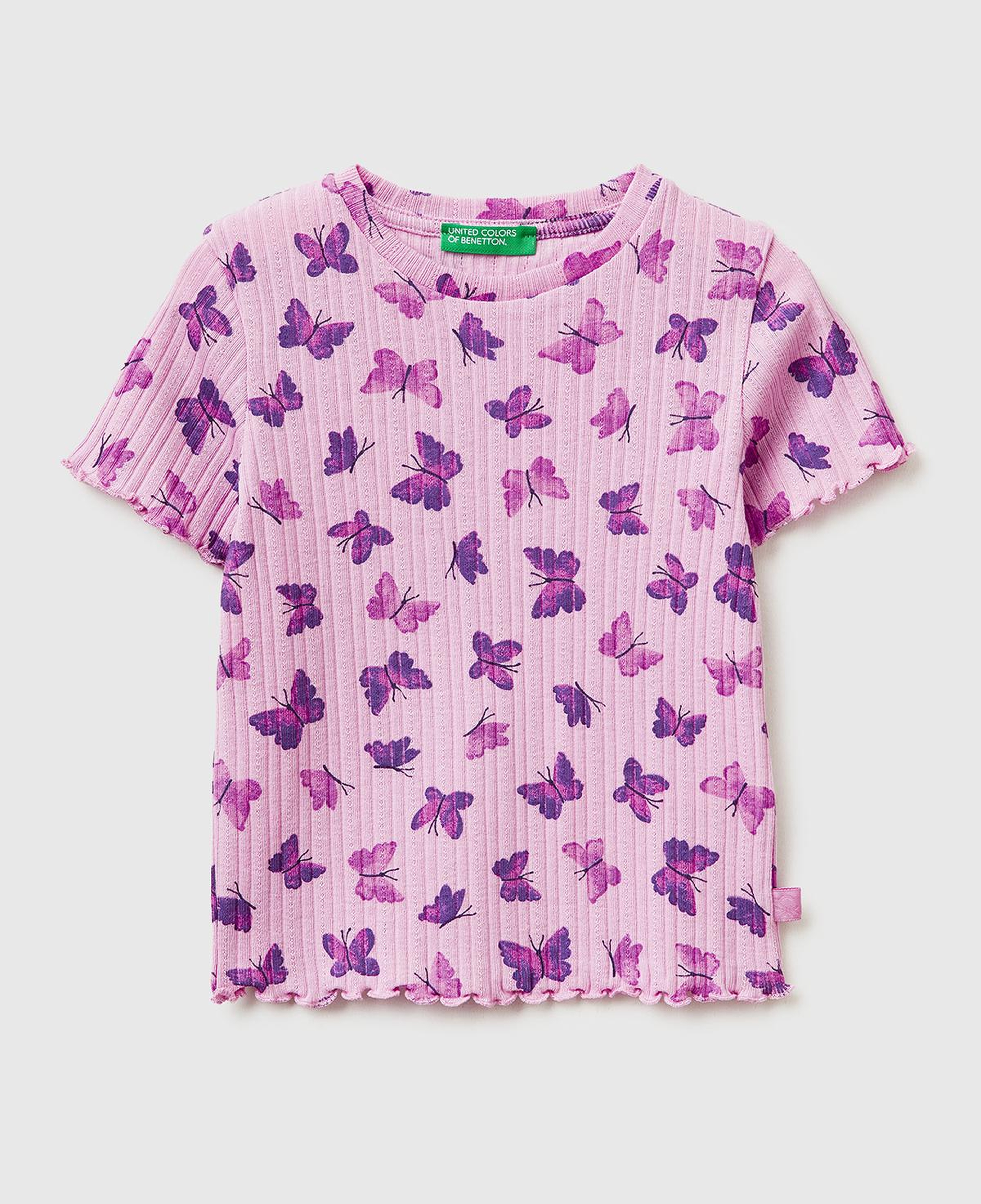 Kız Çocuk Lila Logolu Baskılı Fırfır Detaylı Ribanalı Bisiklet Yaka T-Shirt