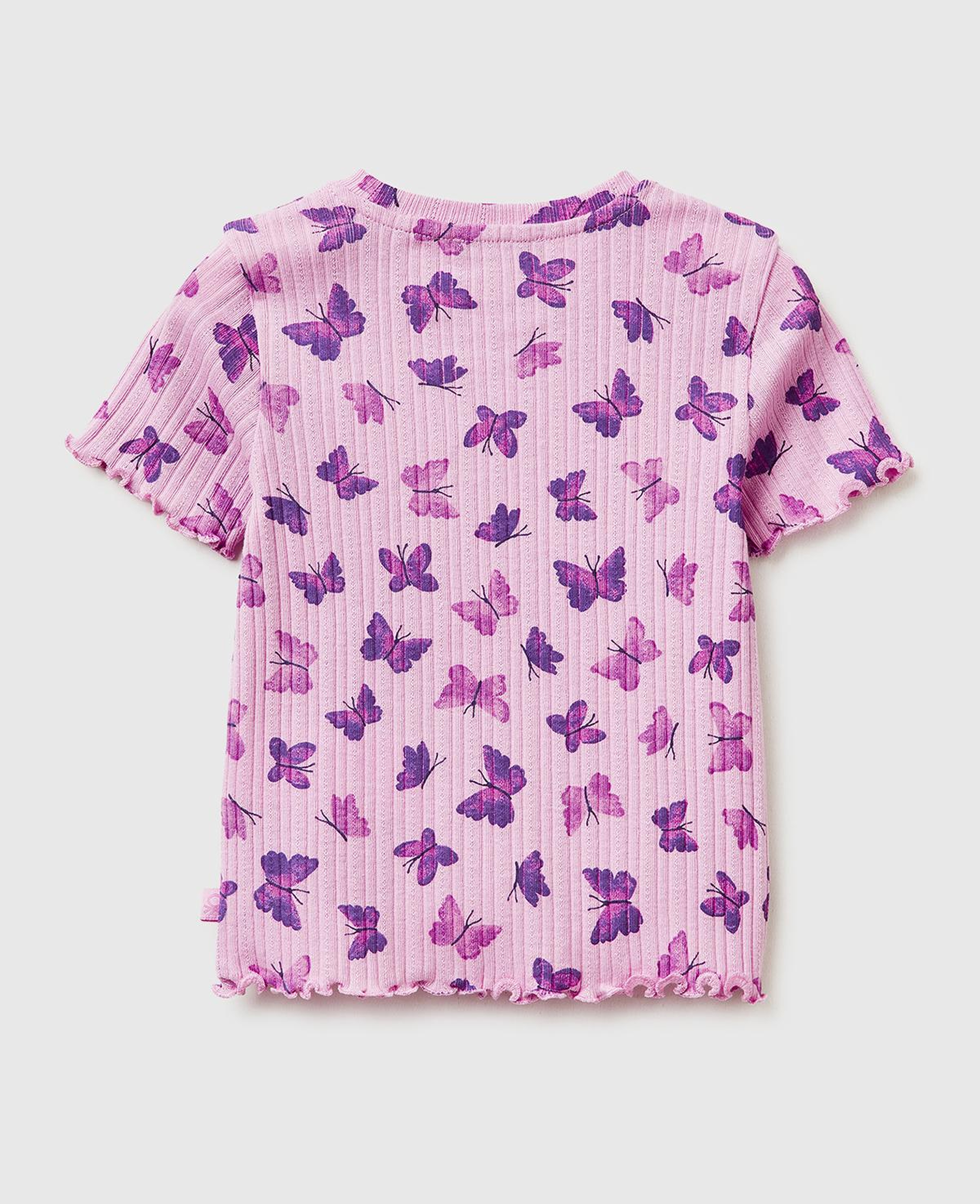Kız Çocuk Lila Logolu Baskılı Fırfır Detaylı Ribanalı Bisiklet Yaka T-Shirt