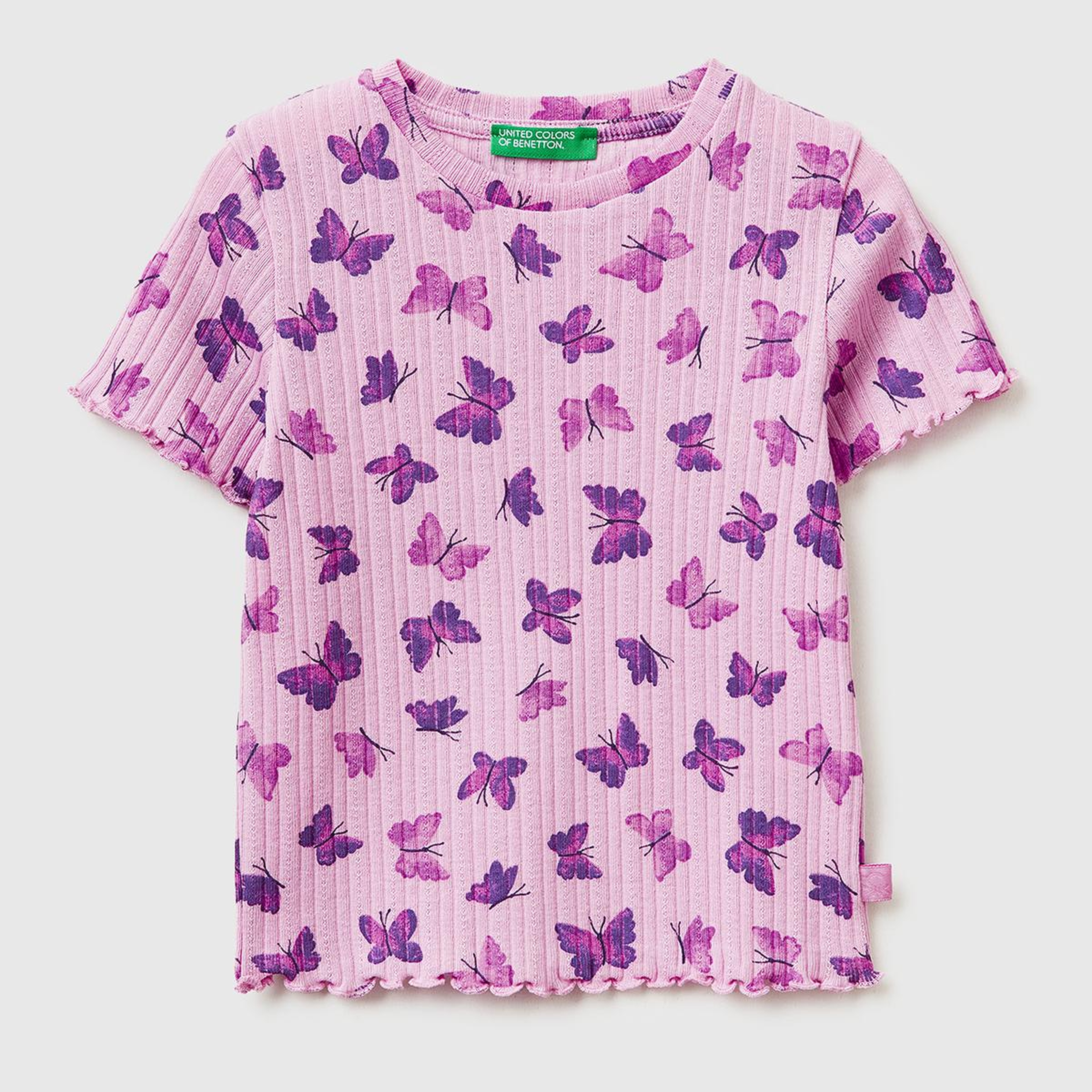 Kız Çocuk Lila Logolu Baskılı Fırfır Detaylı Ribanalı Bisiklet Yaka T-Shirt