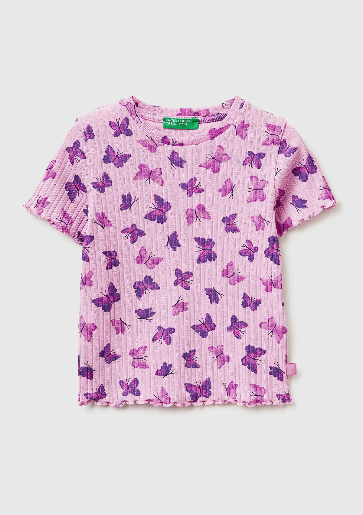 Kız Çocuk Lila Logolu Baskılı Fırfır Detaylı Ribanalı Bisiklet Yaka T-Shirt