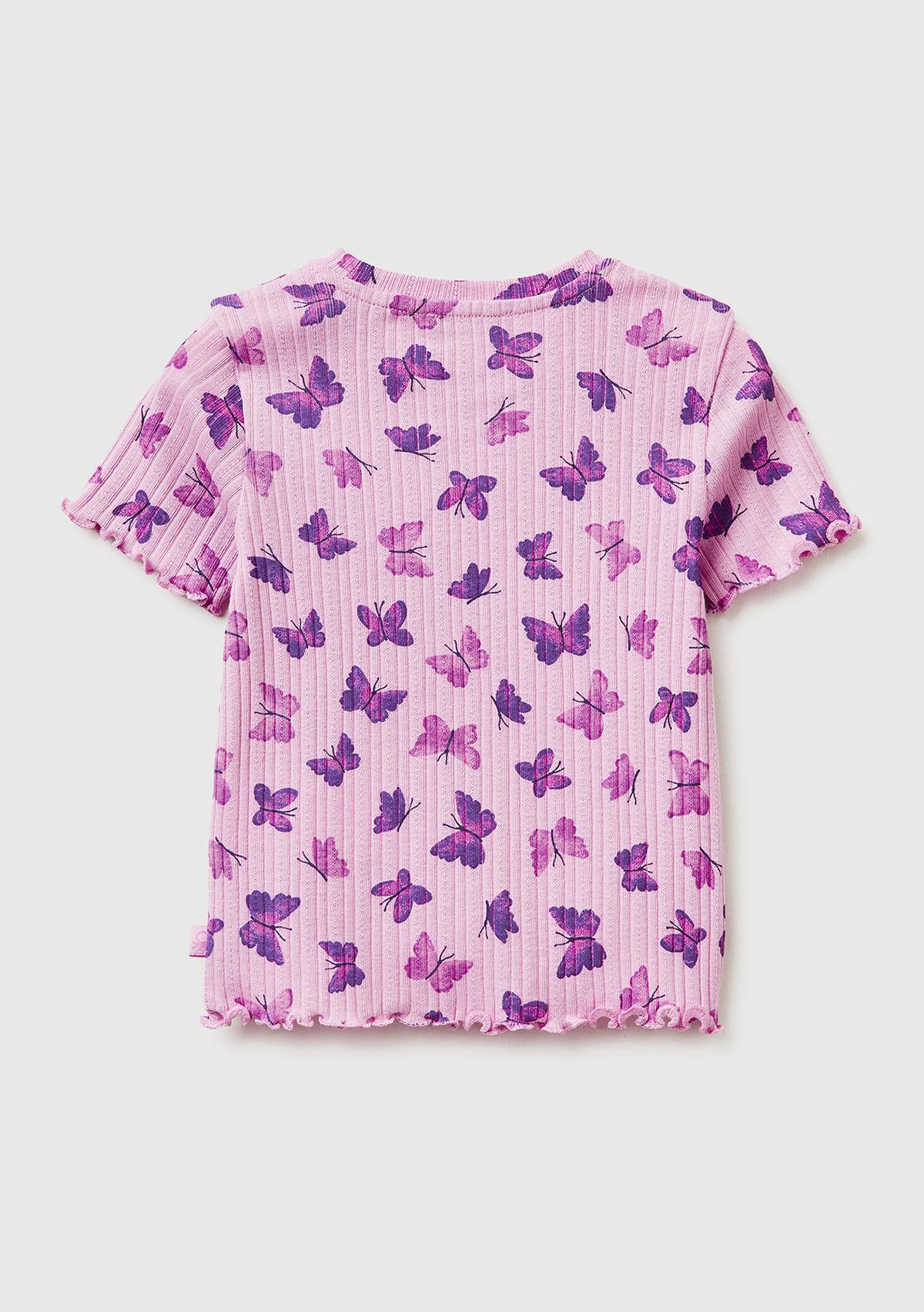 Kız Çocuk Lila Logolu Baskılı Fırfır Detaylı Ribanalı Bisiklet Yaka T-Shirt
