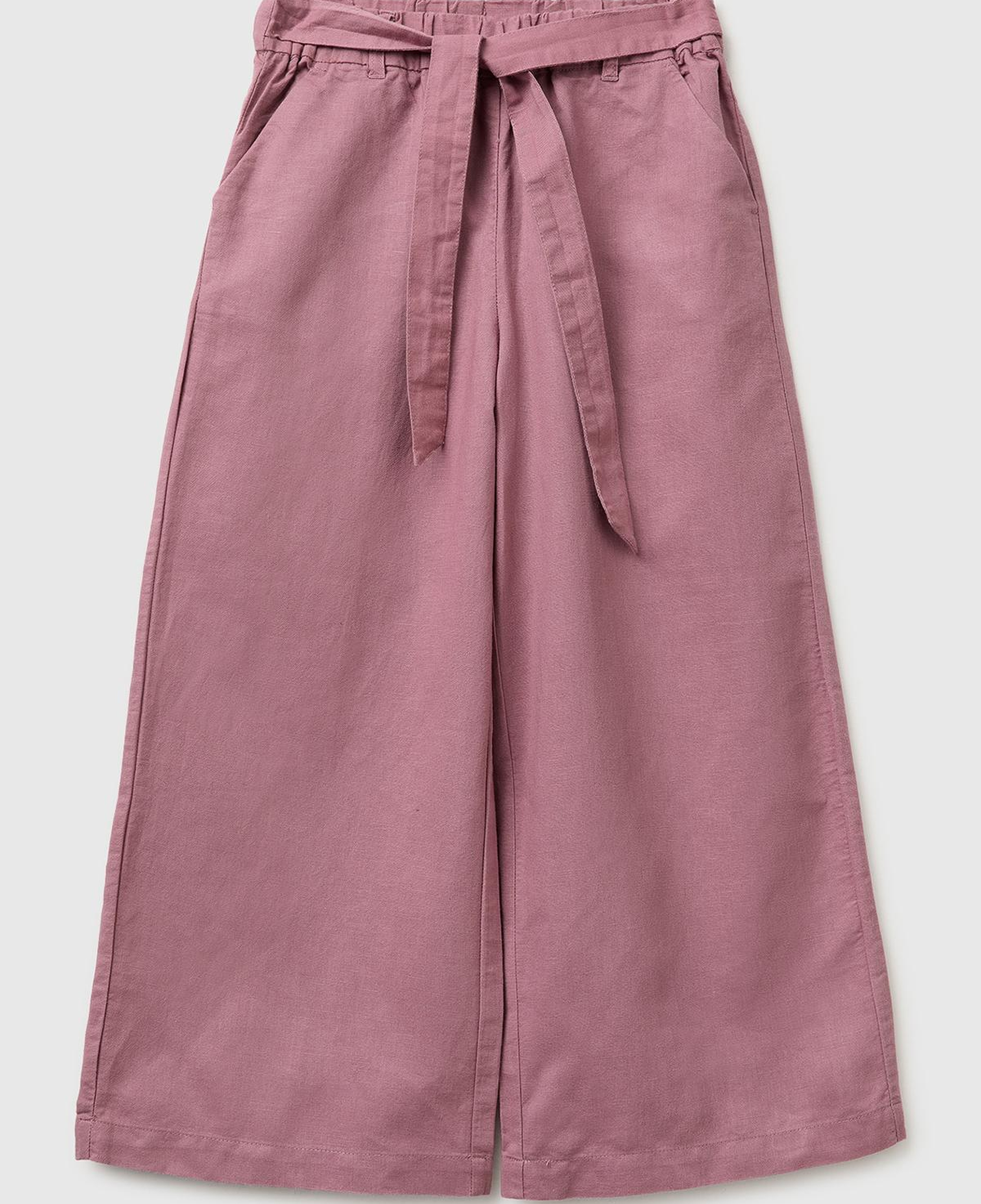 Kız Çocuk Mürdüm Keten Karışımlı Beli Dikişli Kuşaklı Geniş Paça Pantolon