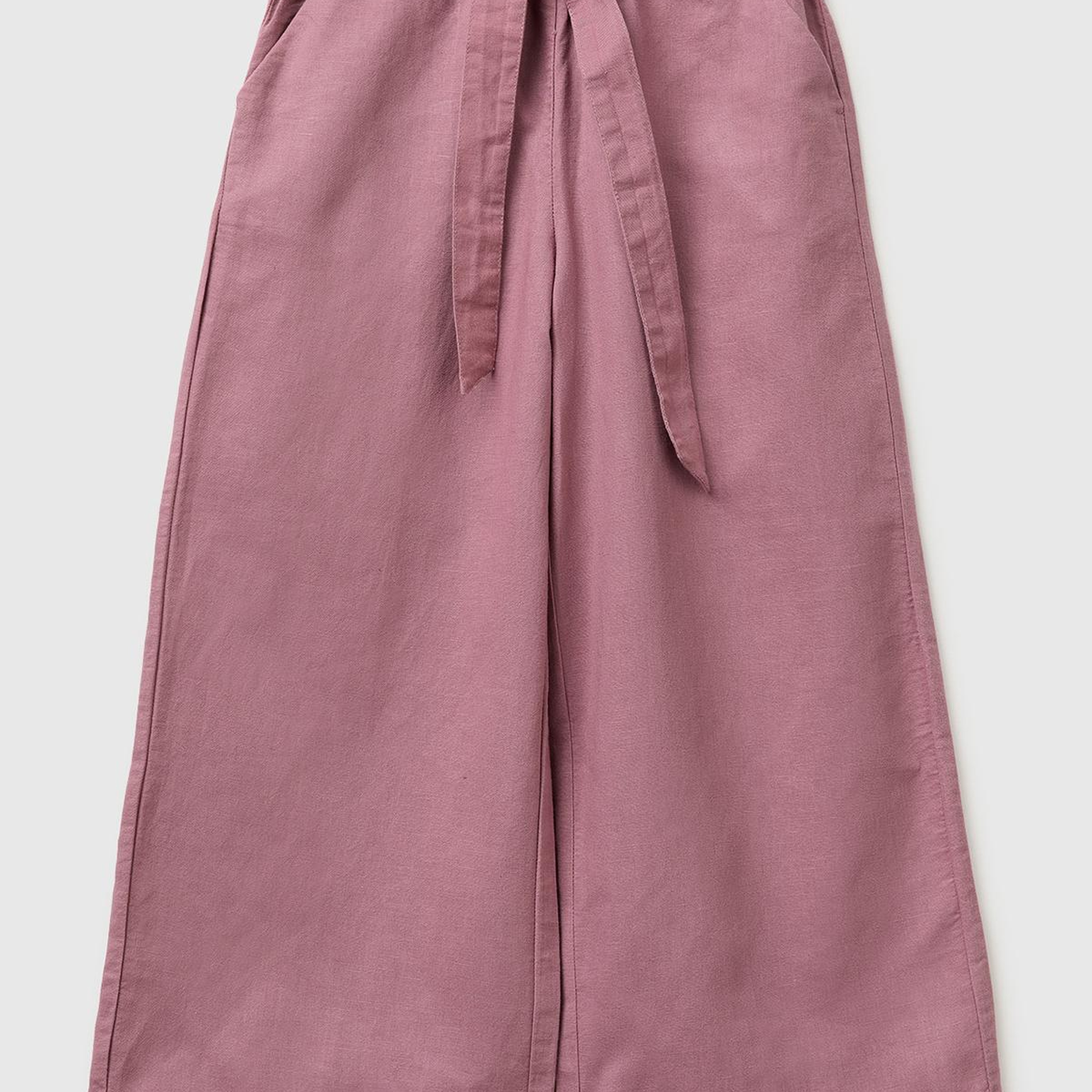 Kız Çocuk Mürdüm Keten Karışımlı Beli Dikişli Kuşaklı Geniş Paça Pantolon