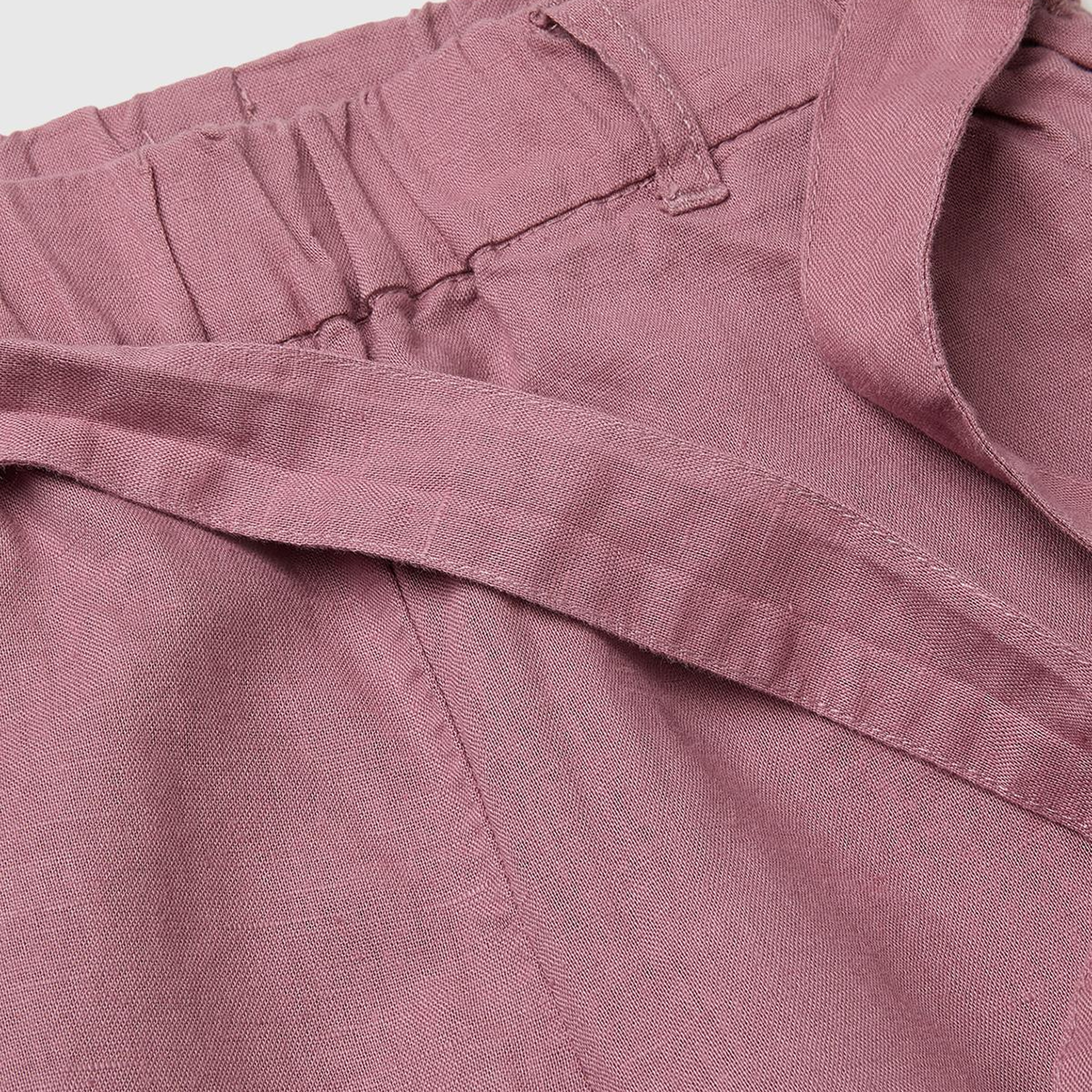 Kız Çocuk Mürdüm Keten Karışımlı Beli Dikişli Kuşaklı Geniş Paça Pantolon