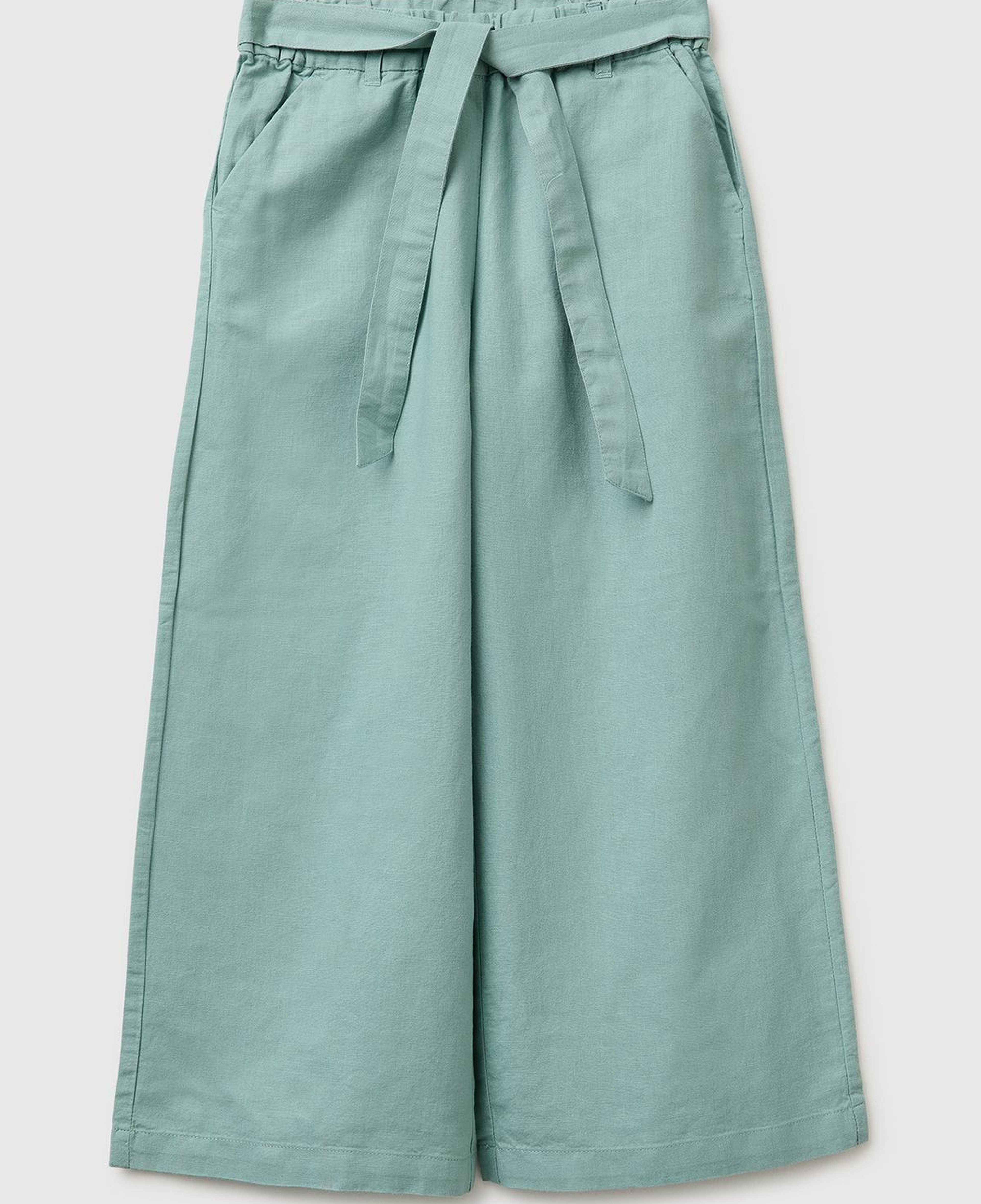 Kız Çocuk Su Yeşili Keten Karışımlı Beli Dikişli Kuşaklı Geniş Paça Pantolon
