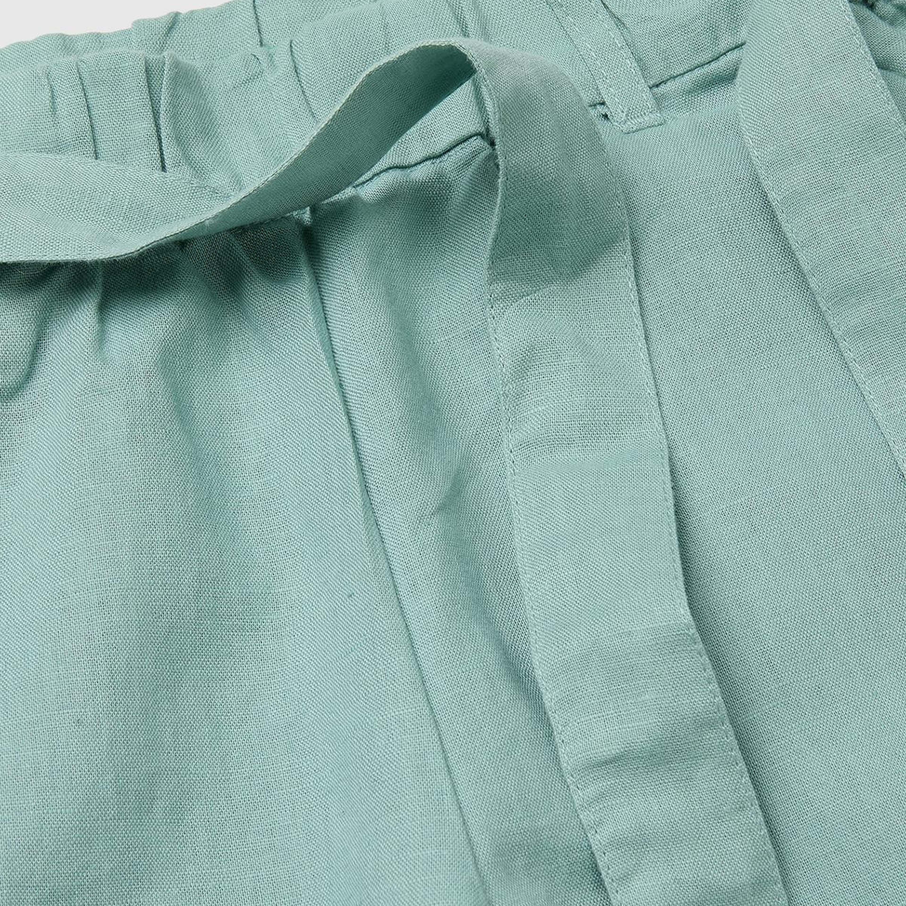Kız Çocuk Su Yeşili Keten Karışımlı Beli Dikişli Kuşaklı Geniş Paça Pantolon