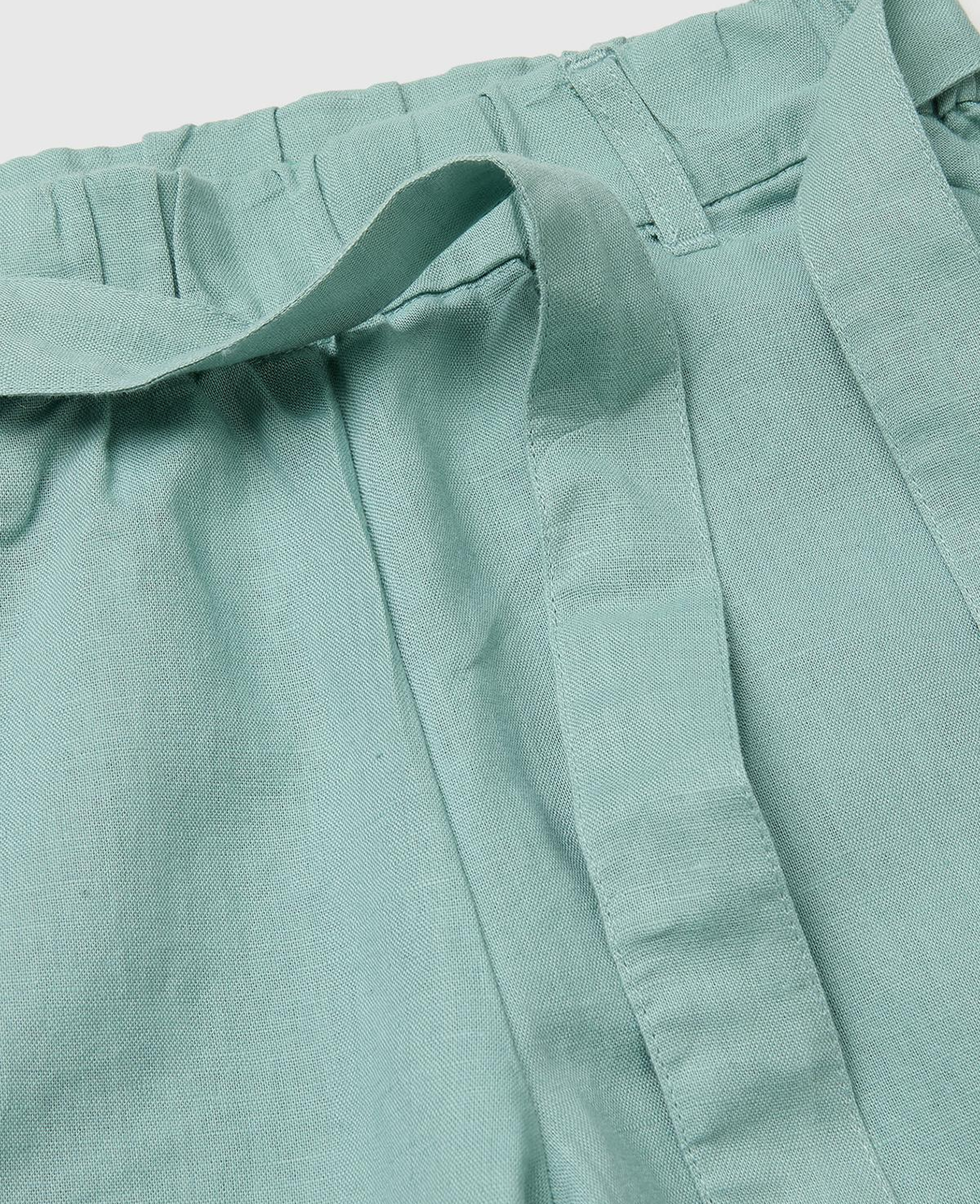 Kız Çocuk Su Yeşili Keten Karışımlı Beli Dikişli Kuşaklı Geniş Paça Pantolon