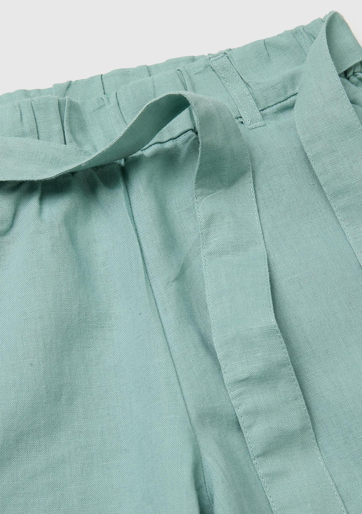 Kız Çocuk Su Yeşili Keten Karışımlı Beli Dikişli Kuşaklı Geniş Paça Pantolon