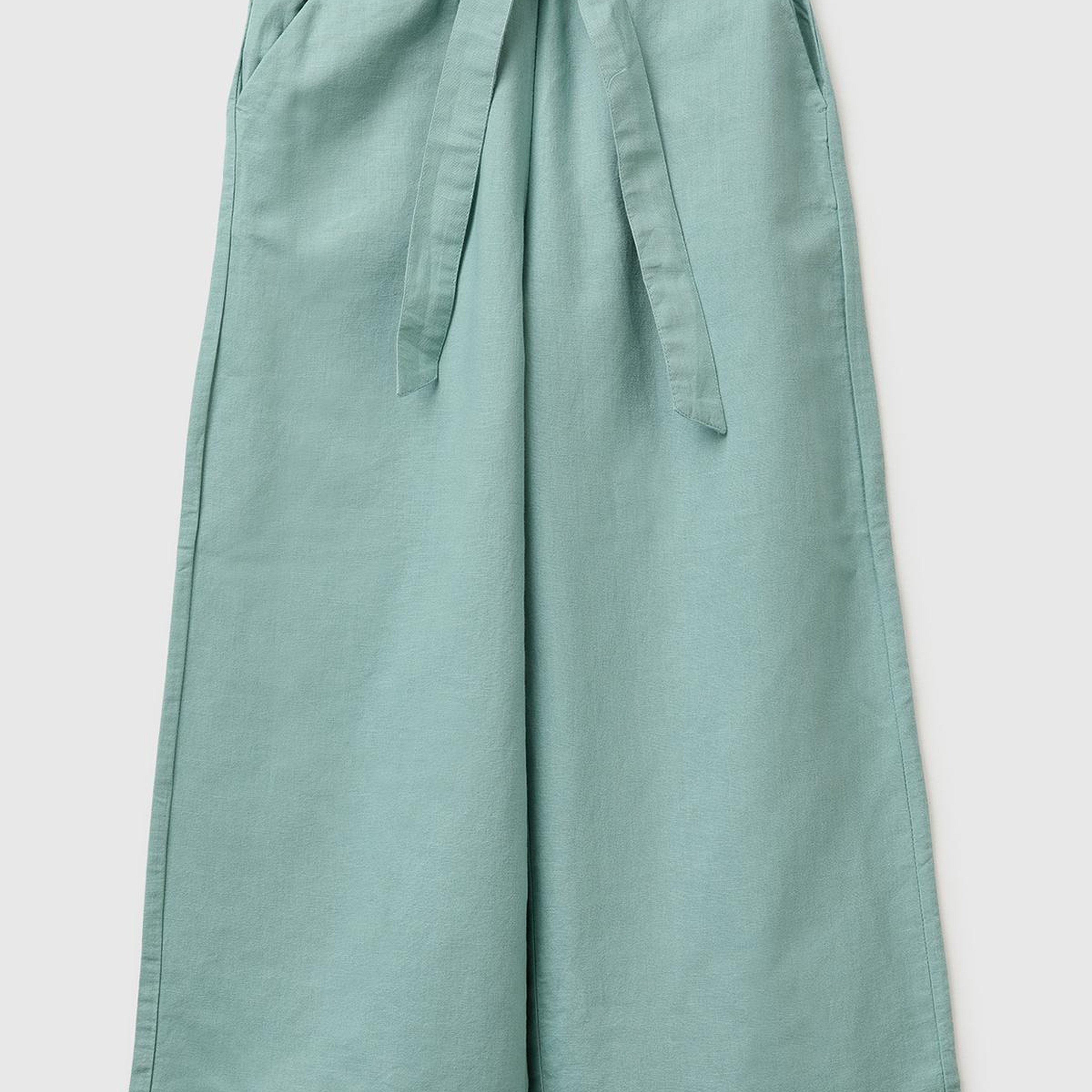 Kız Çocuk Su Yeşili Keten Karışımlı Beli Dikişli Kuşaklı Geniş Paça Pantolon