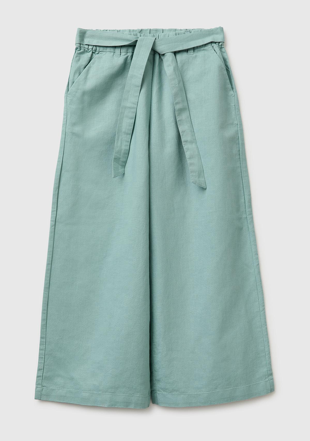 Kız Çocuk Su Yeşili Keten Karışımlı Beli Dikişli Kuşaklı Geniş Paça Pantolon