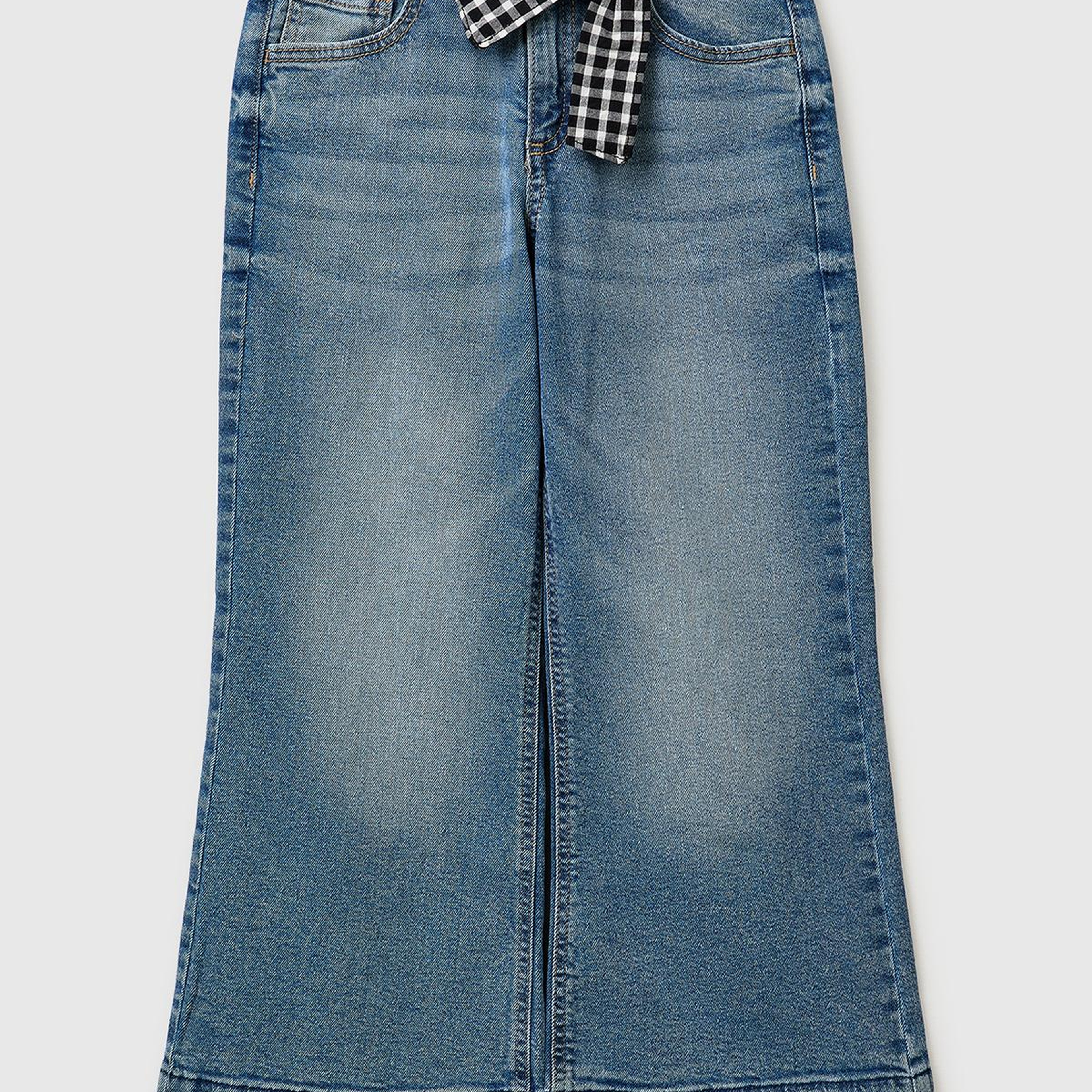 Kız Çocuk Mavi Fularlı Paça Detaylı Denim Pantolon