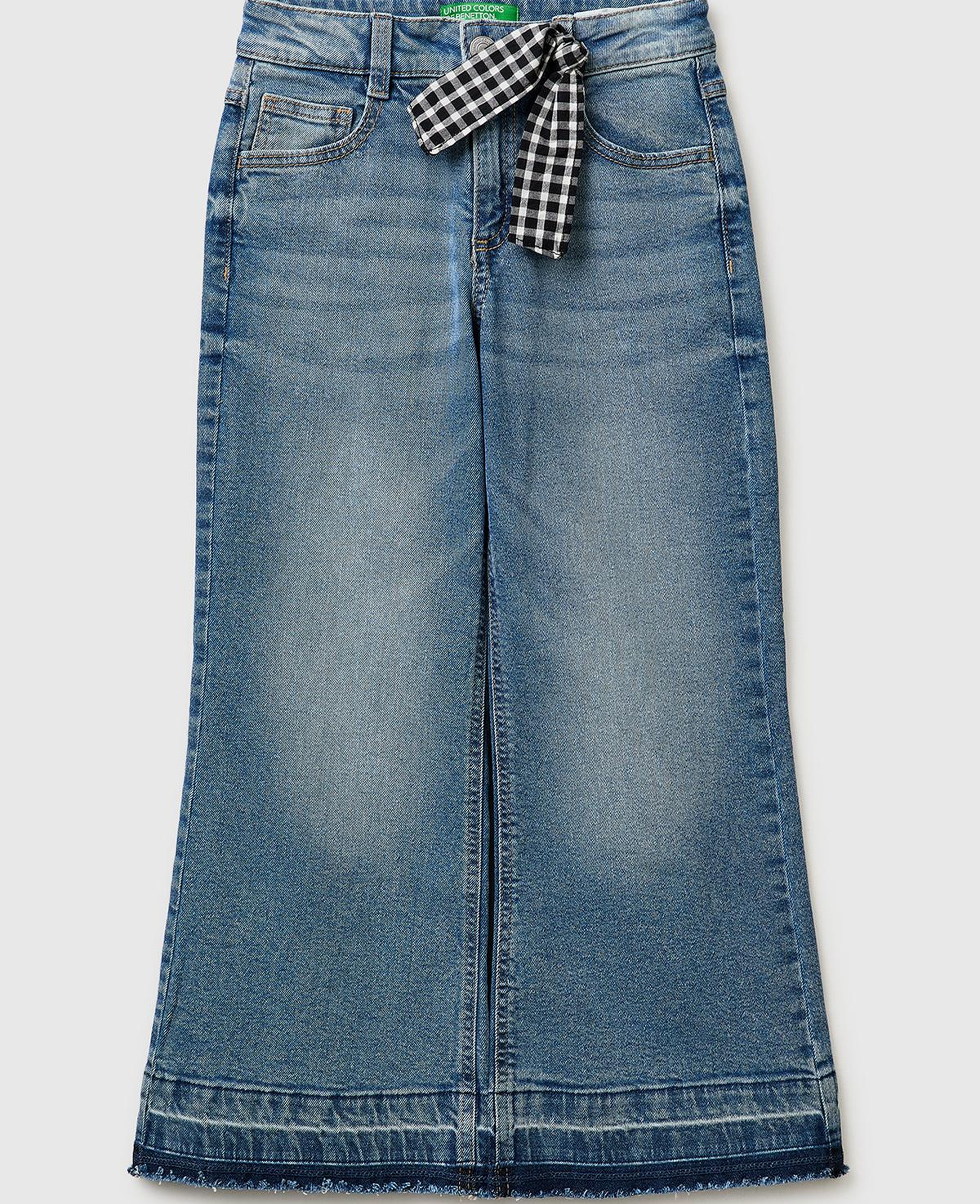 Kız Çocuk Mavi Fularlı Paça Detaylı Denim Pantolon
