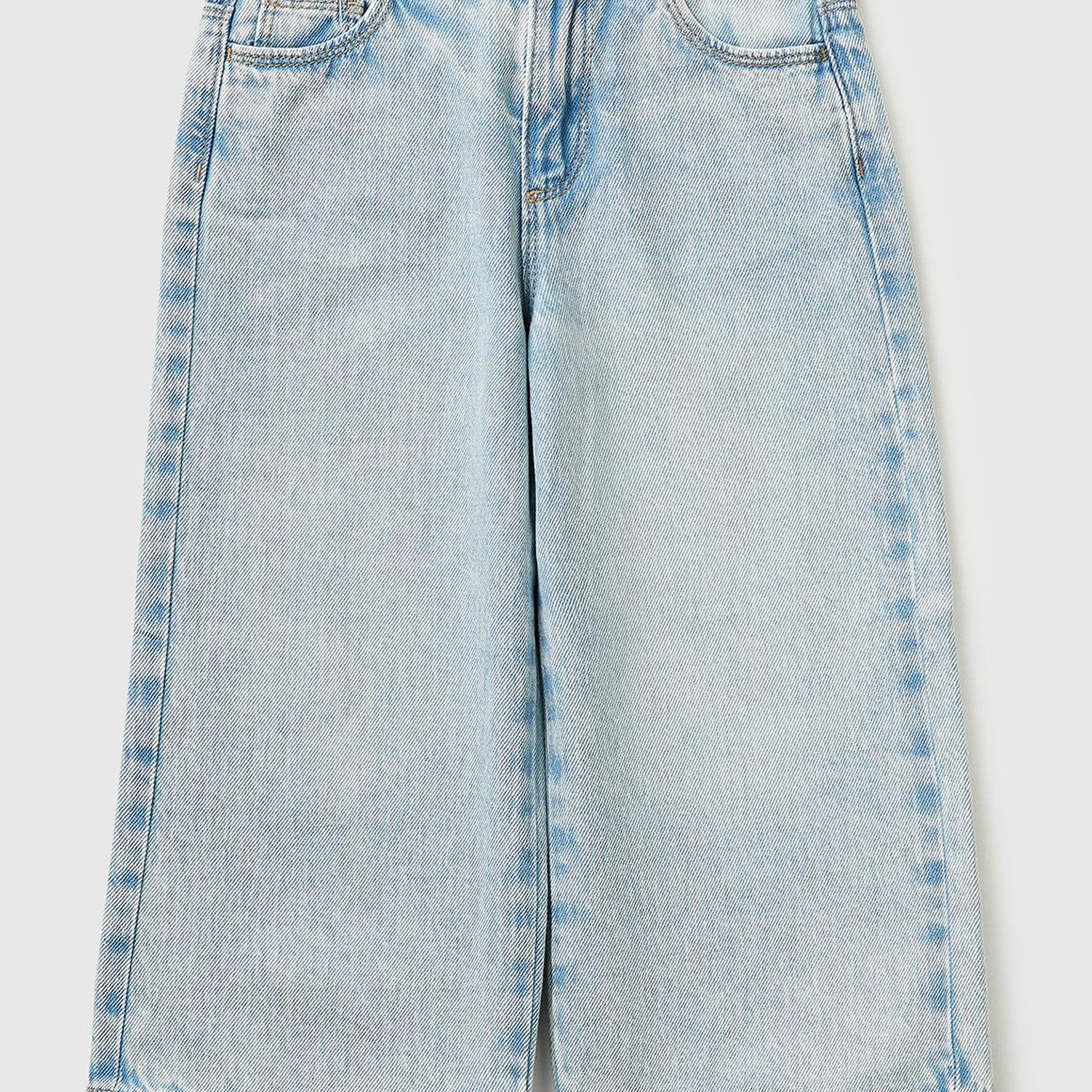 Kız Çocuk Açık Mavi Arka Cebi Nakışlı 5 Cepli Dalgalı Paça Denim Pantolon