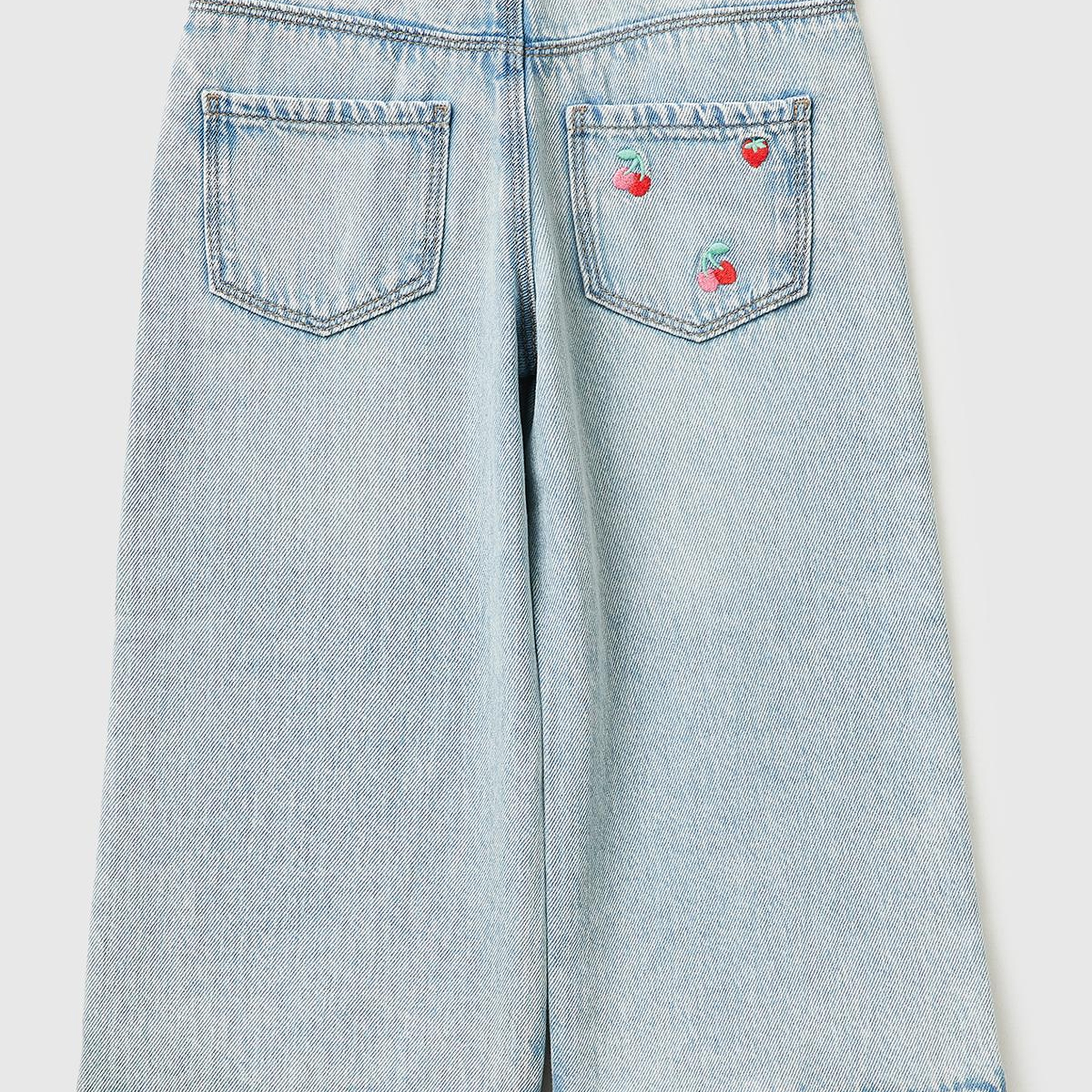 Kız Çocuk Açık Mavi Arka Cebi Nakışlı 5 Cepli Dalgalı Paça Denim Pantolon