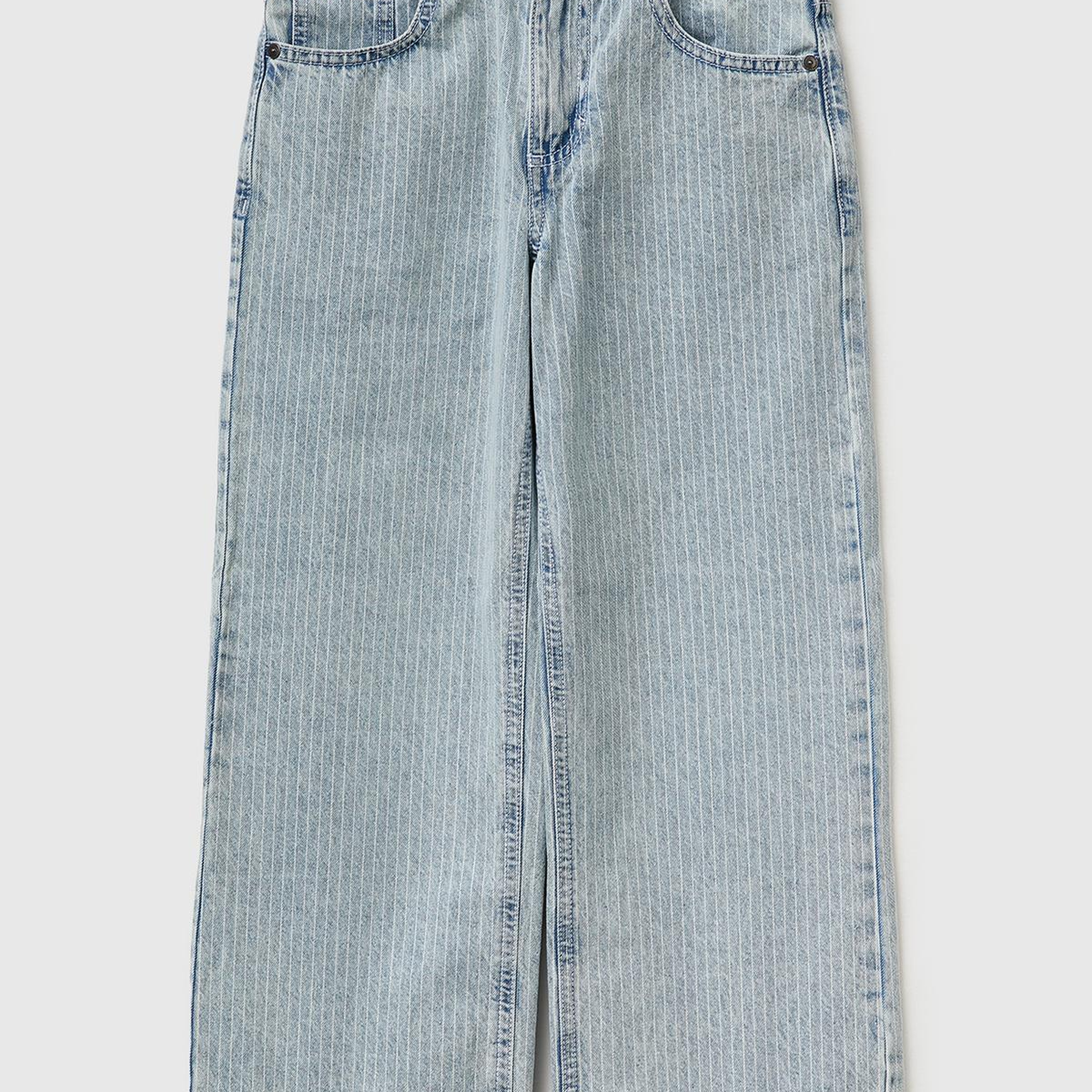 Erkek Çocuk Buz Mavisi Cebi Logo Nakışlı İnce Çizgili Rahat Kalıp Denim Pantolon