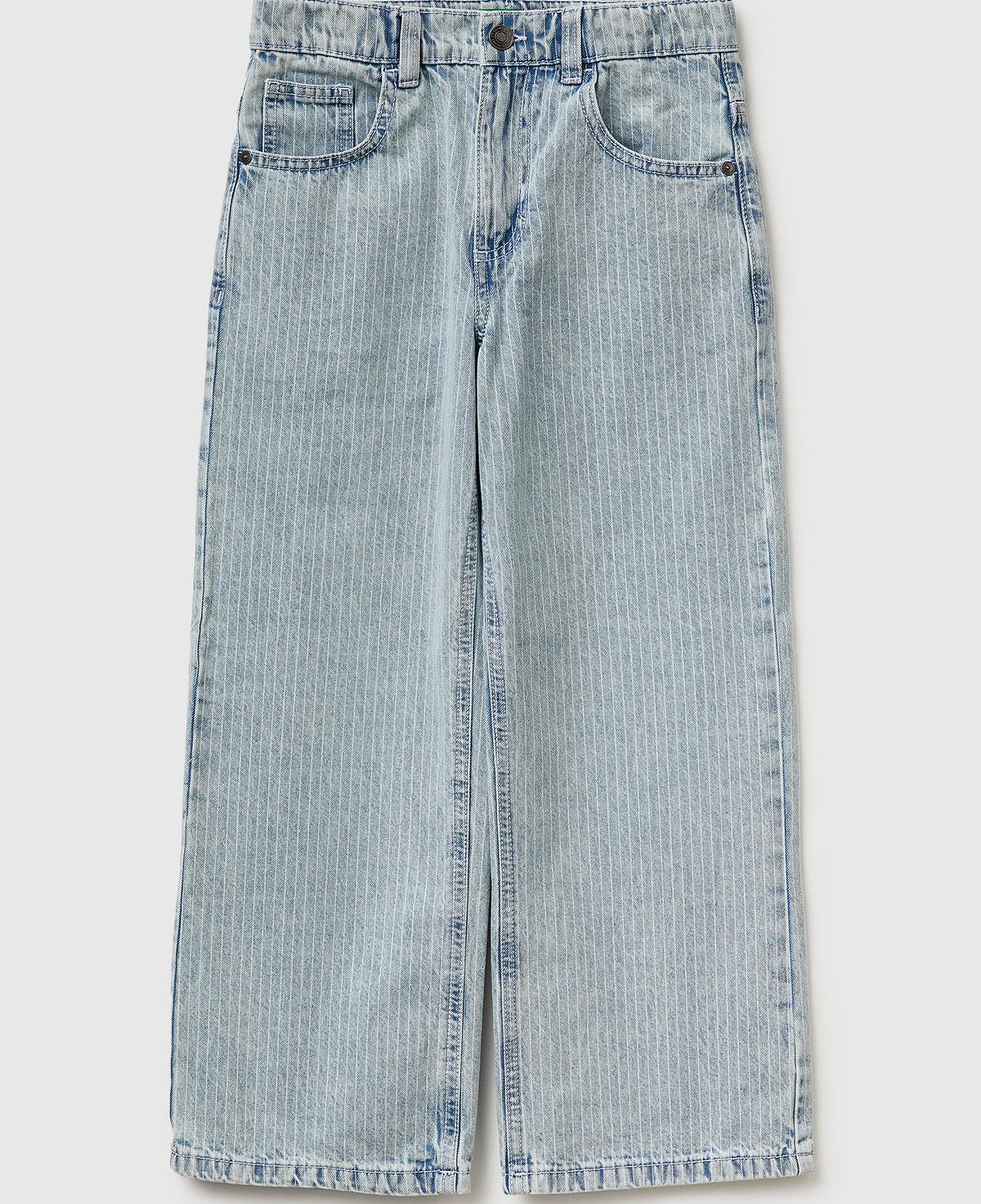 Erkek Çocuk Buz Mavisi Cebi Logo Nakışlı İnce Çizgili Rahat Kalıp Denim Pantolon