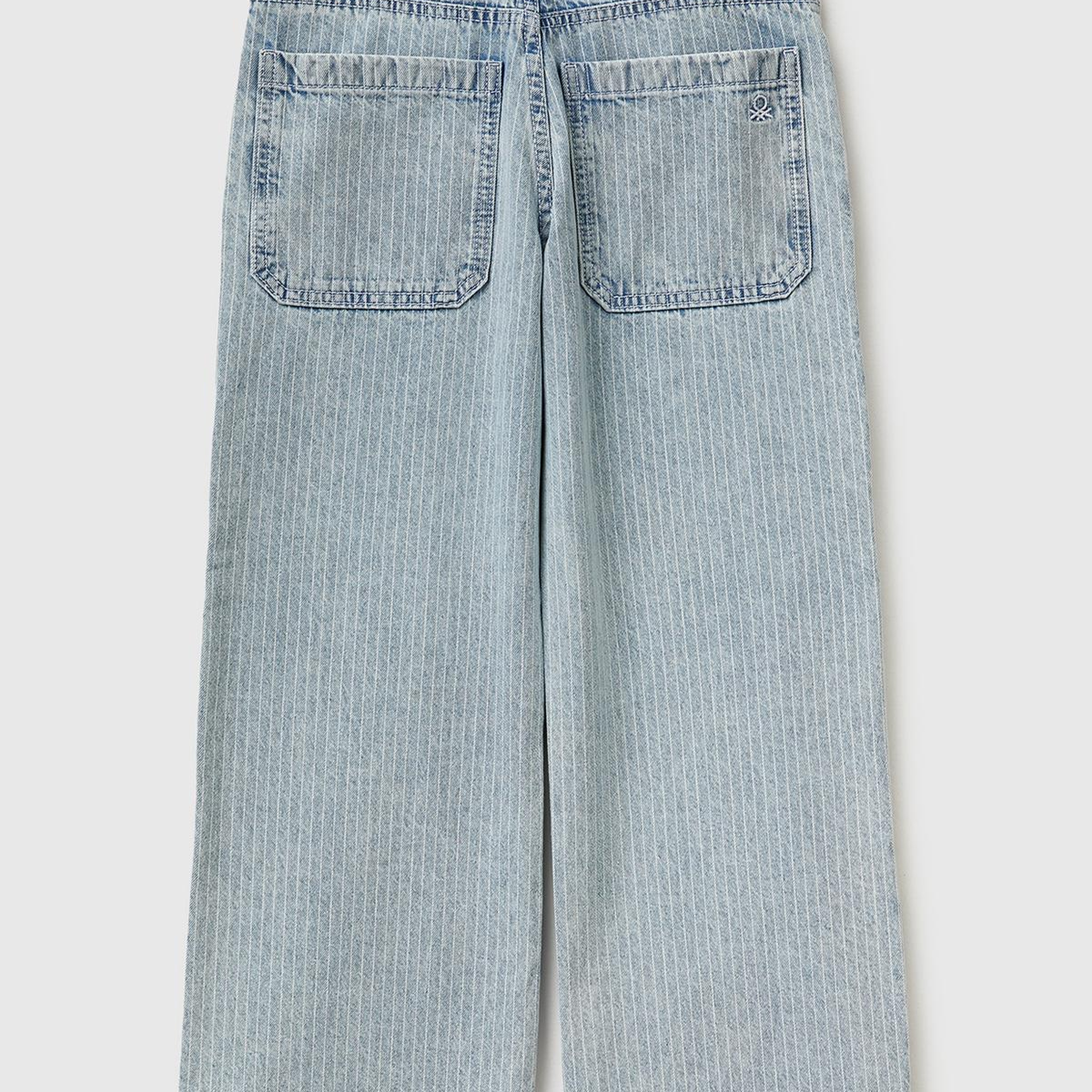 Erkek Çocuk Buz Mavisi Cebi Logo Nakışlı İnce Çizgili Rahat Kalıp Denim Pantolon